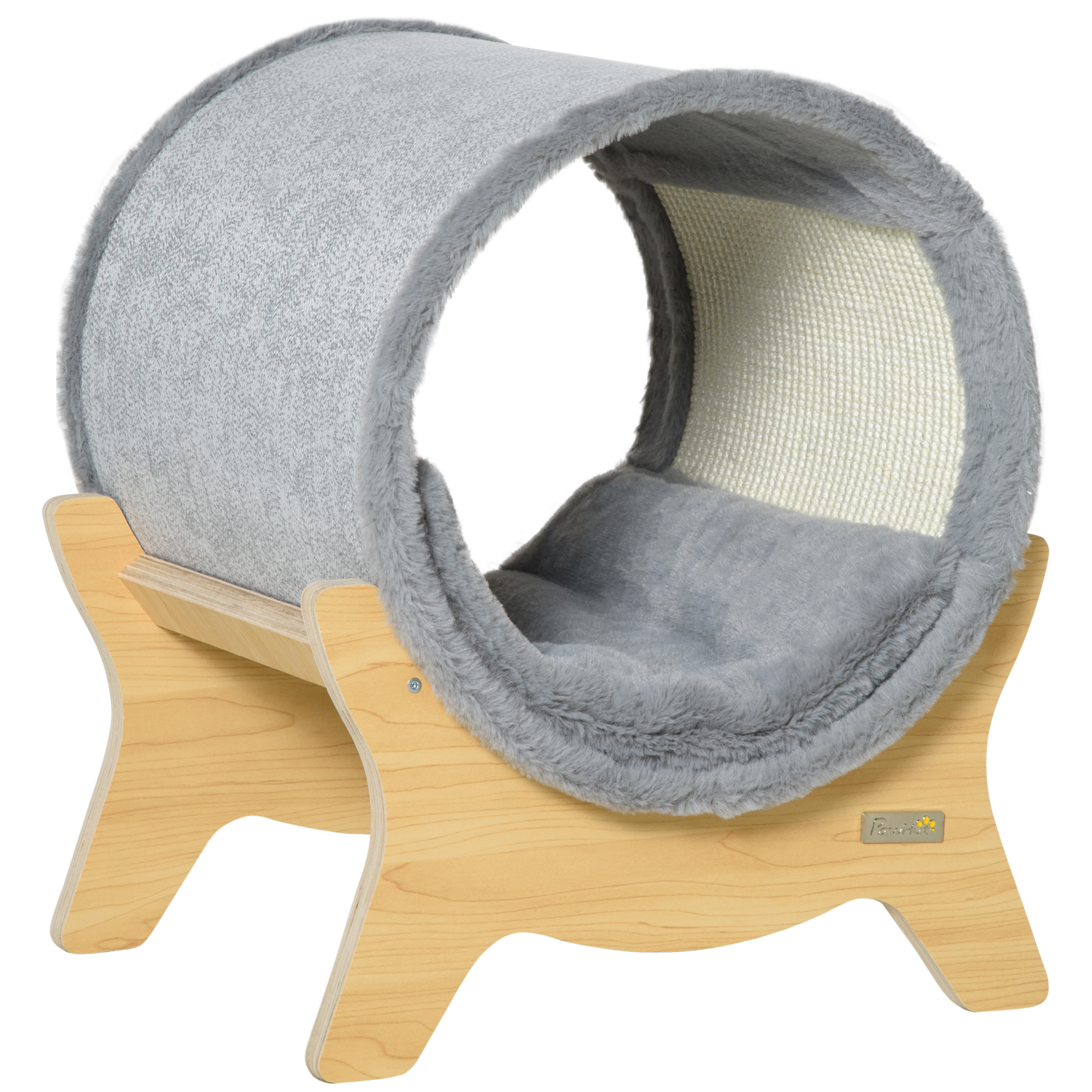 PawHut Cuccia per Gatti con Tiragraffi e Cuscino Imbottito, Casetta per Gatti a Tunnel 41x40x47cm, Grigio