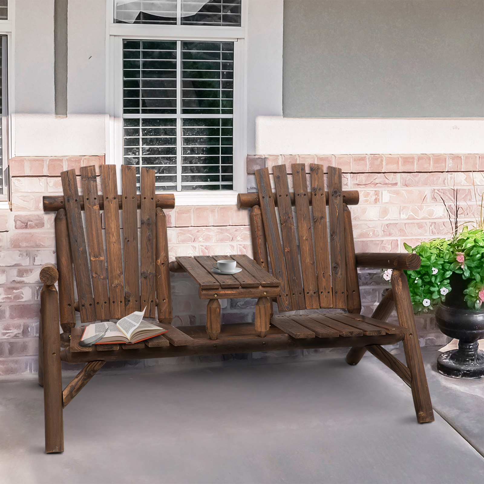 Outsunny Wood Patio Chair Bench 2 Seats with Center Coffee Table Garden Bench Backyard Benches Perfect for Lounging and Relaxing Outdoors Carbonized w Bench AOSOM UK