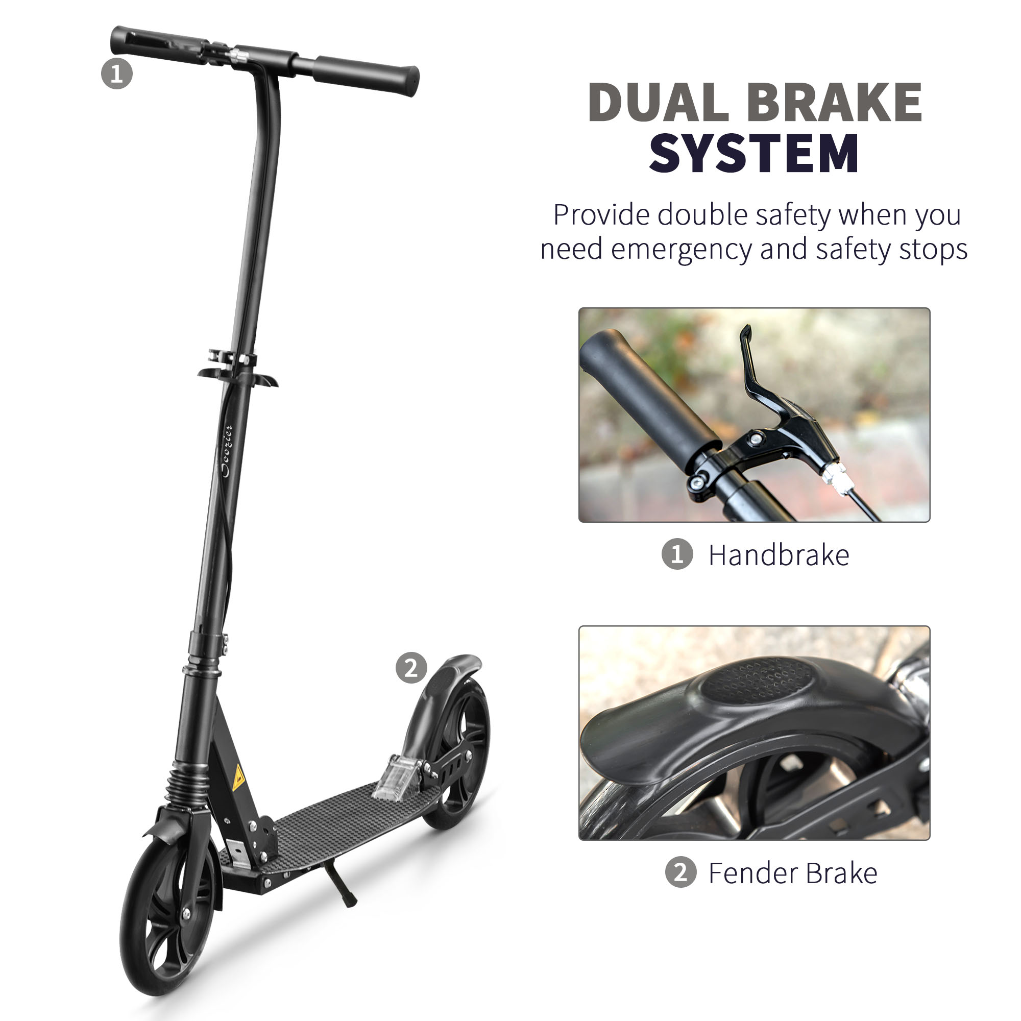 HOMCOM One-click Folding Kick Scooter for 14+ w/ Adjustable Handlebar, Push Scooter with Kickstand, Dual Brake System, Shock Absorber, Black