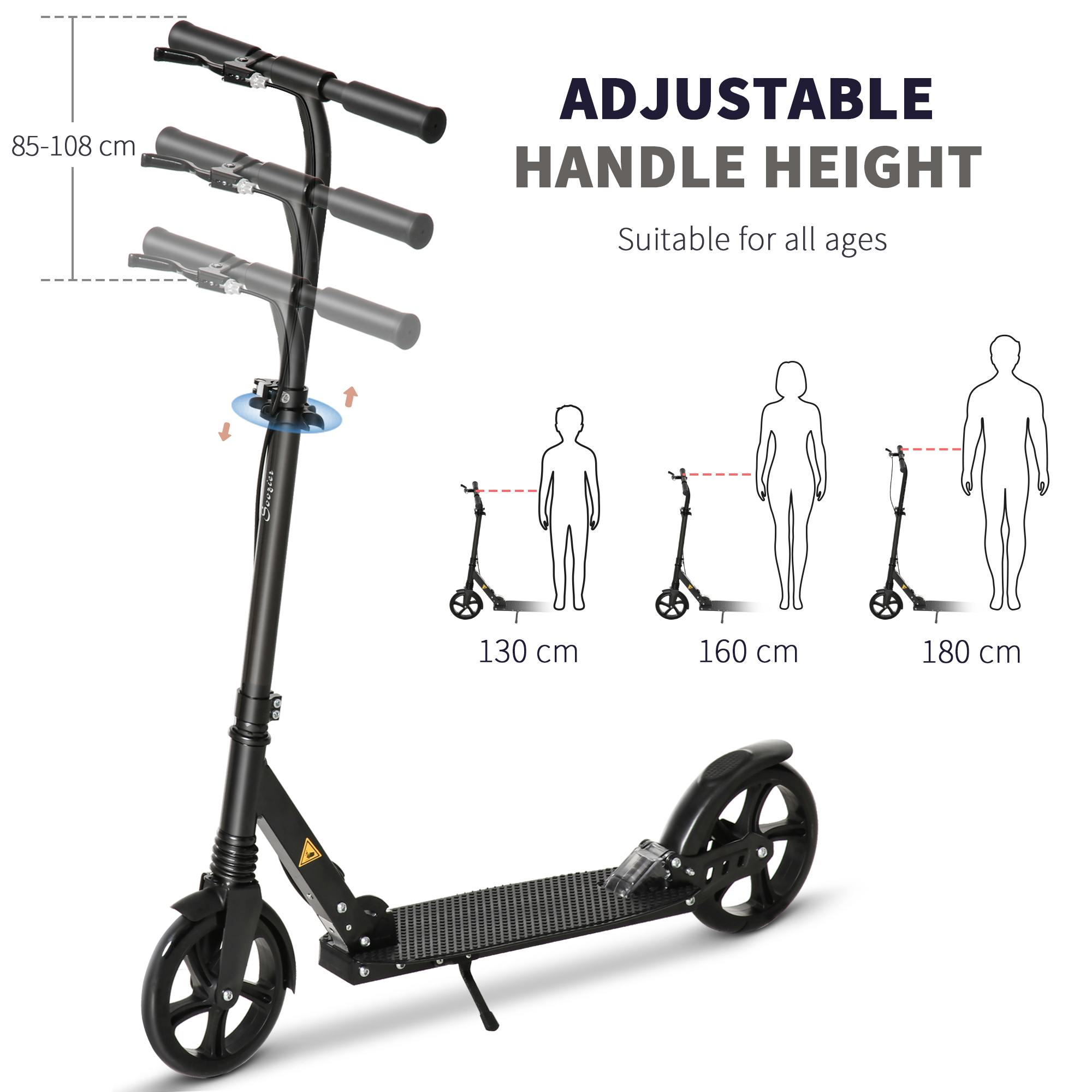 HOMCOM One-click Folding Kick Scooter for 14+ w/ Adjustable Handlebar, Push Scooter with Kickstand, Dual Brake System, Shock Absorber, Black