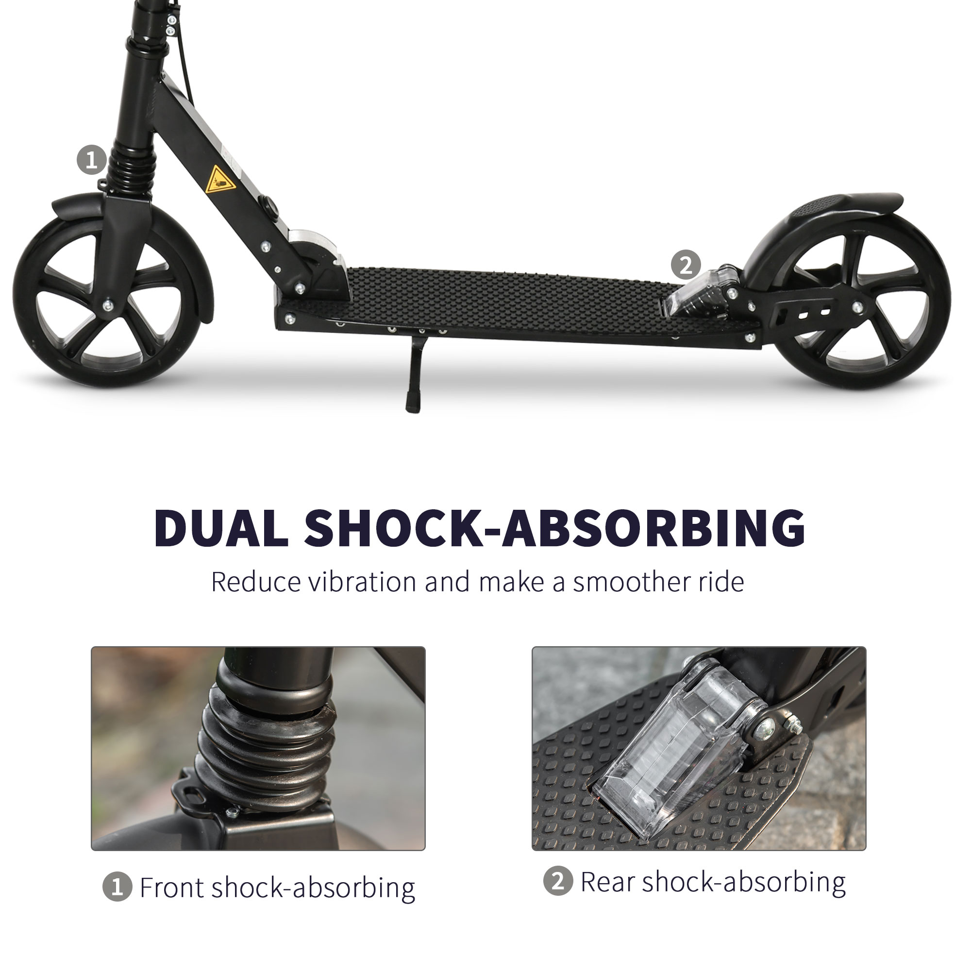 HOMCOM One-click Folding Kick Scooter for 14+ w/ Adjustable Handlebar, Push Scooter with Kickstand, Dual Brake System, Shock Absorber, Black