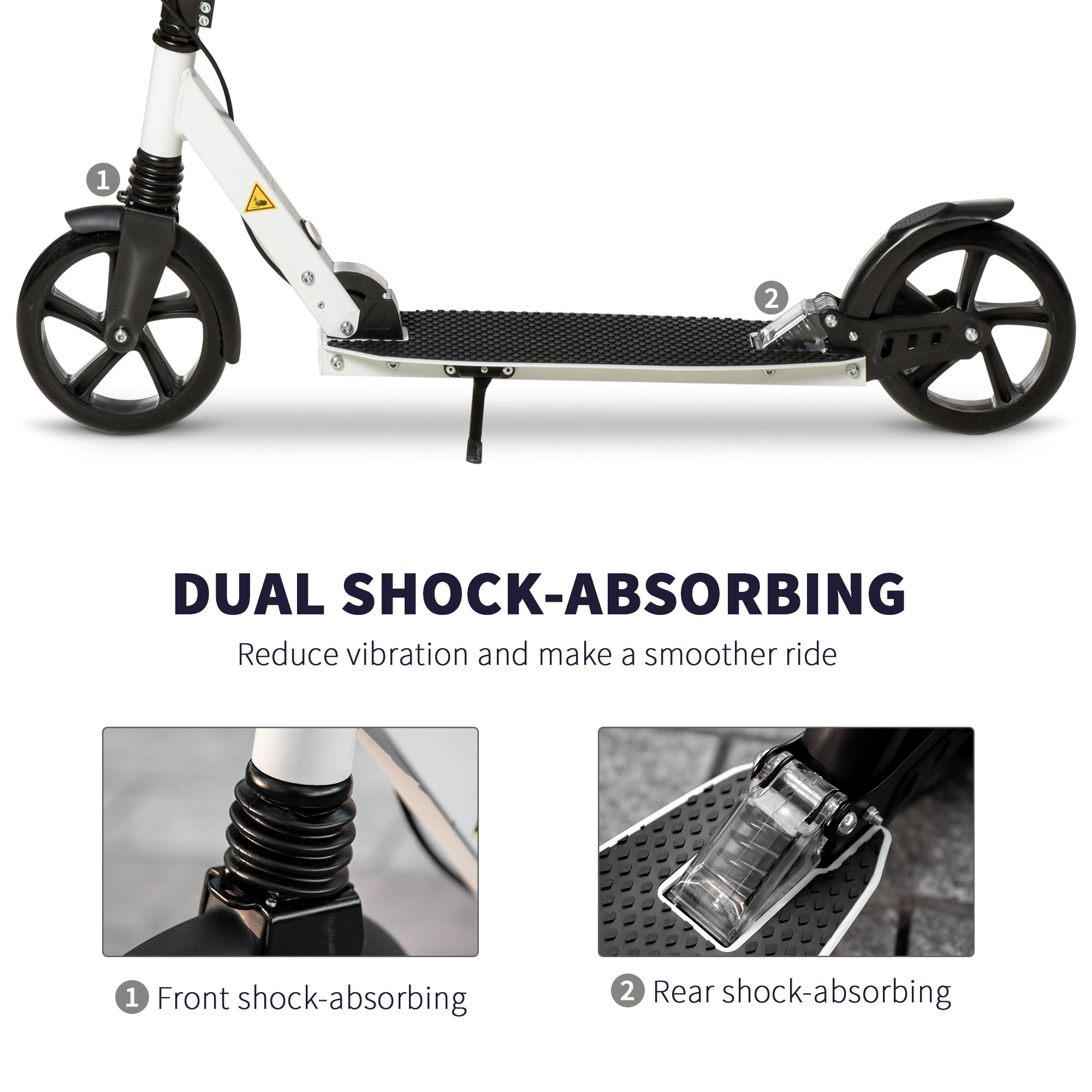 HOMCOM One-click Folding Kick Scooter for 14+ w/ Adjustable Handlebar, Push Scooter with Kickstand, Dual Brake System, Shock Absorber, White