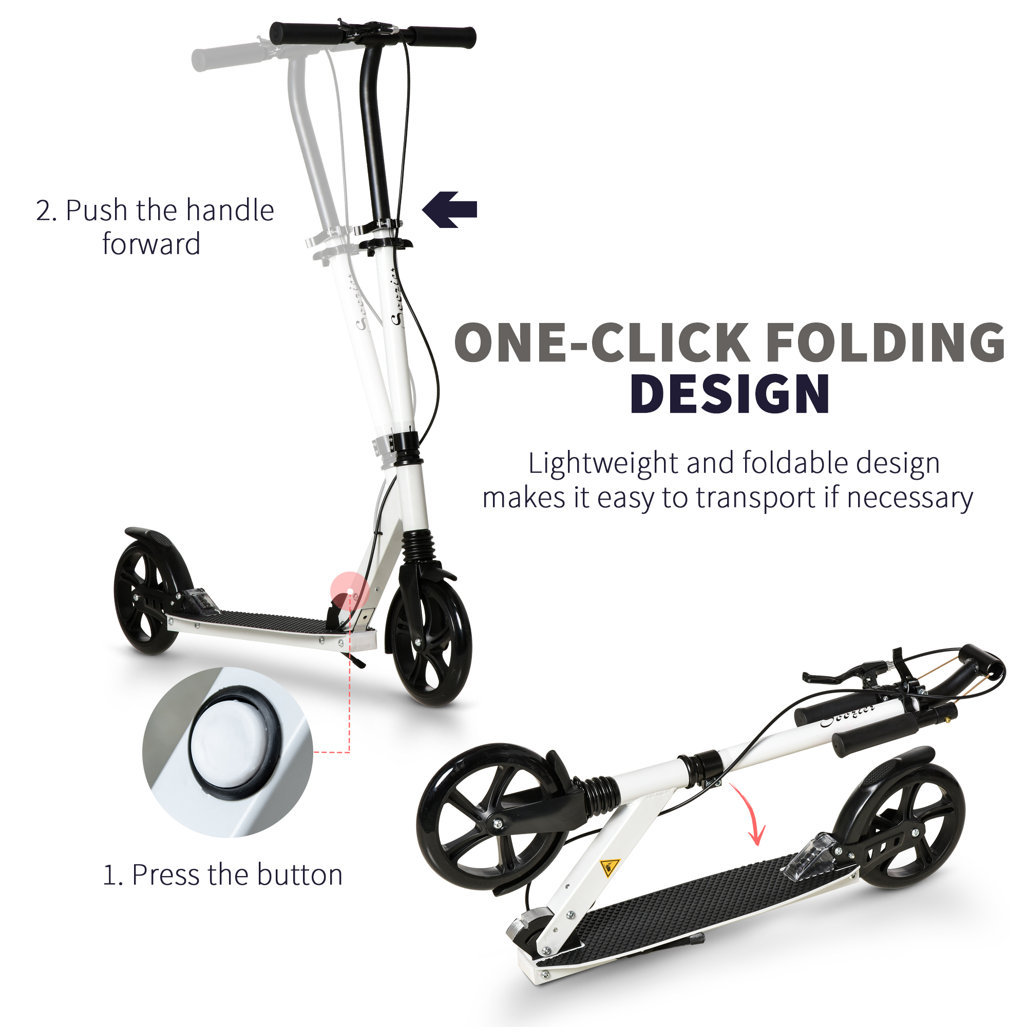 HOMCOM One-click Folding Kick Scooter for 14+ w/ Adjustable Handlebar, Push Scooter with Kickstand, Dual Brake System, Shock Absorber, White