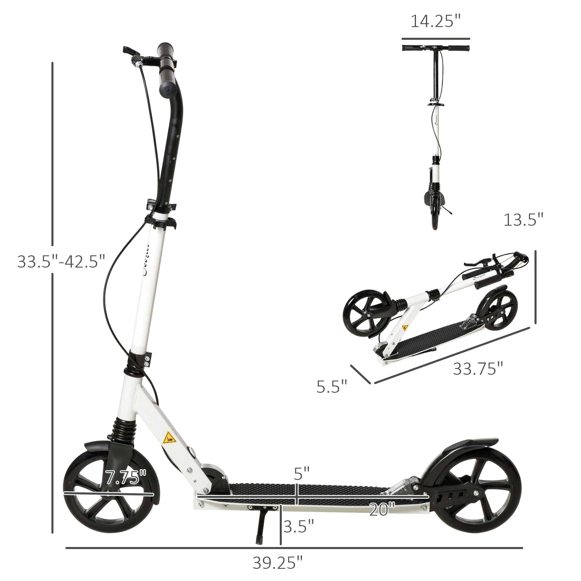 HOMCOM One-click Folding Kick Scooter for 14+ w/ Adjustable Handlebar, Push Scooter with Kickstand, Dual Brake System, Shock Absorber, White