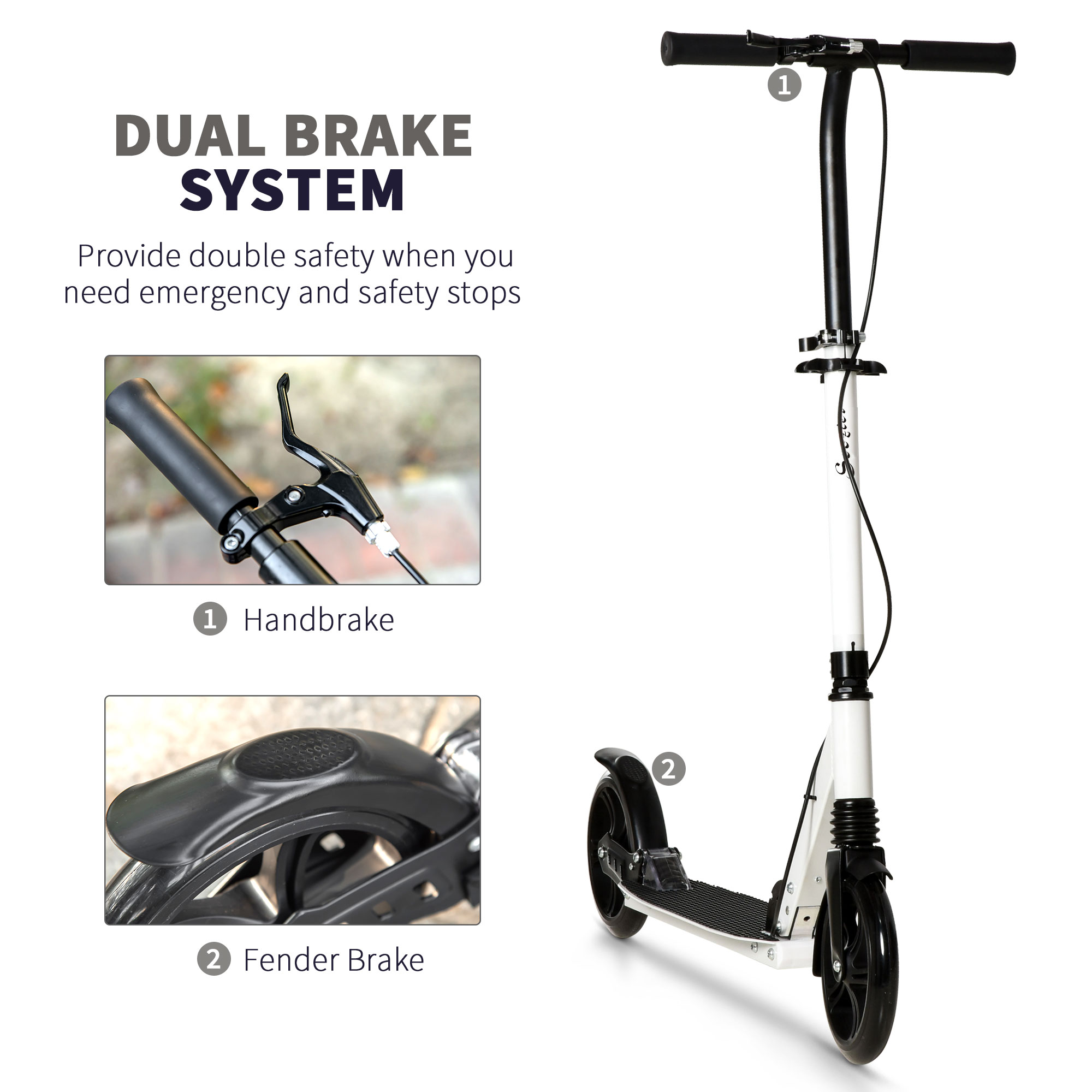 HOMCOM One-click Folding Kick Scooter for 14+ w/ Adjustable Handlebar, Push Scooter with Kickstand, Dual Brake System, Shock Absorber, White
