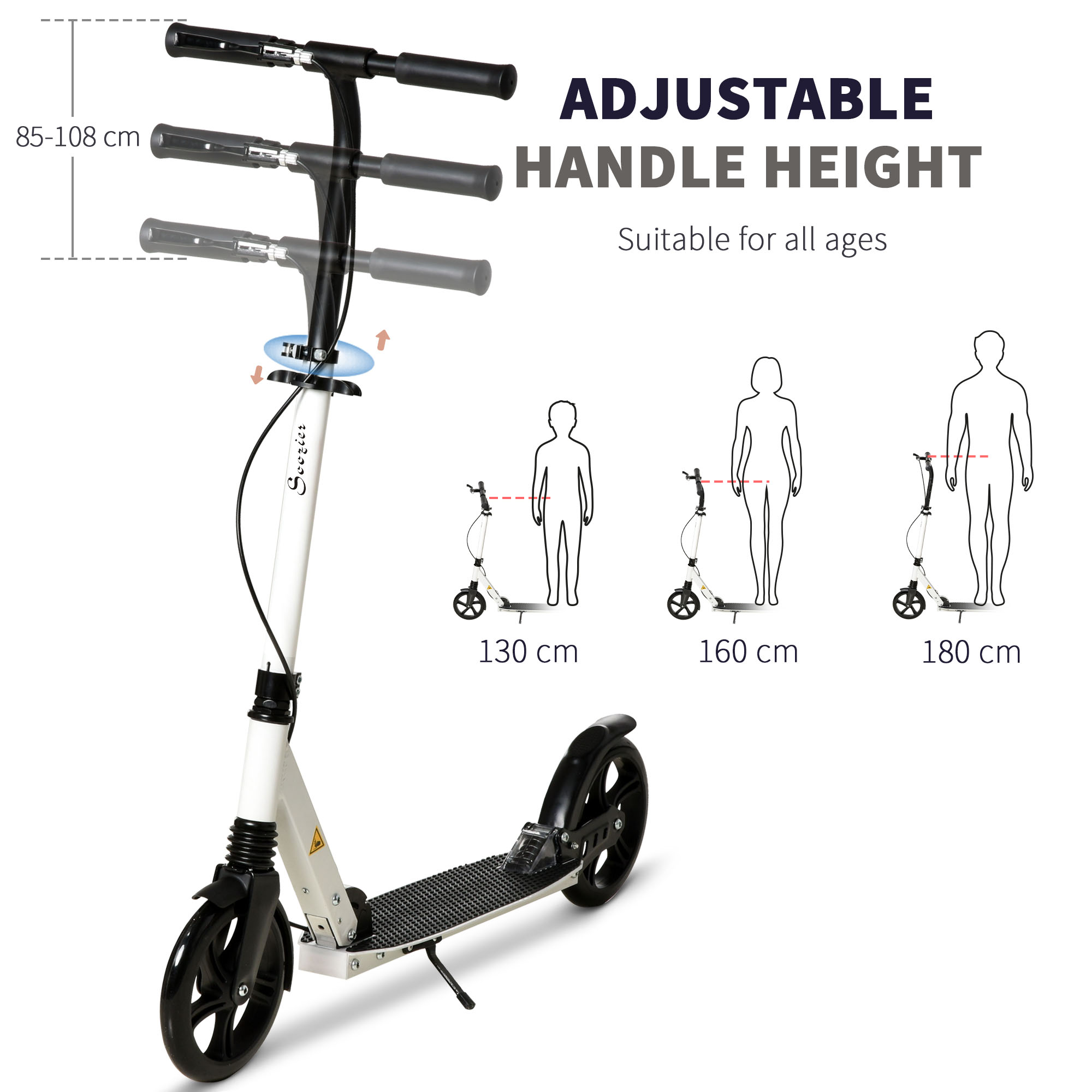 HOMCOM One-click Folding Kick Scooter for 14+ w/ Adjustable Handlebar, Push Scooter with Kickstand, Dual Brake System, Shock Absorber, White