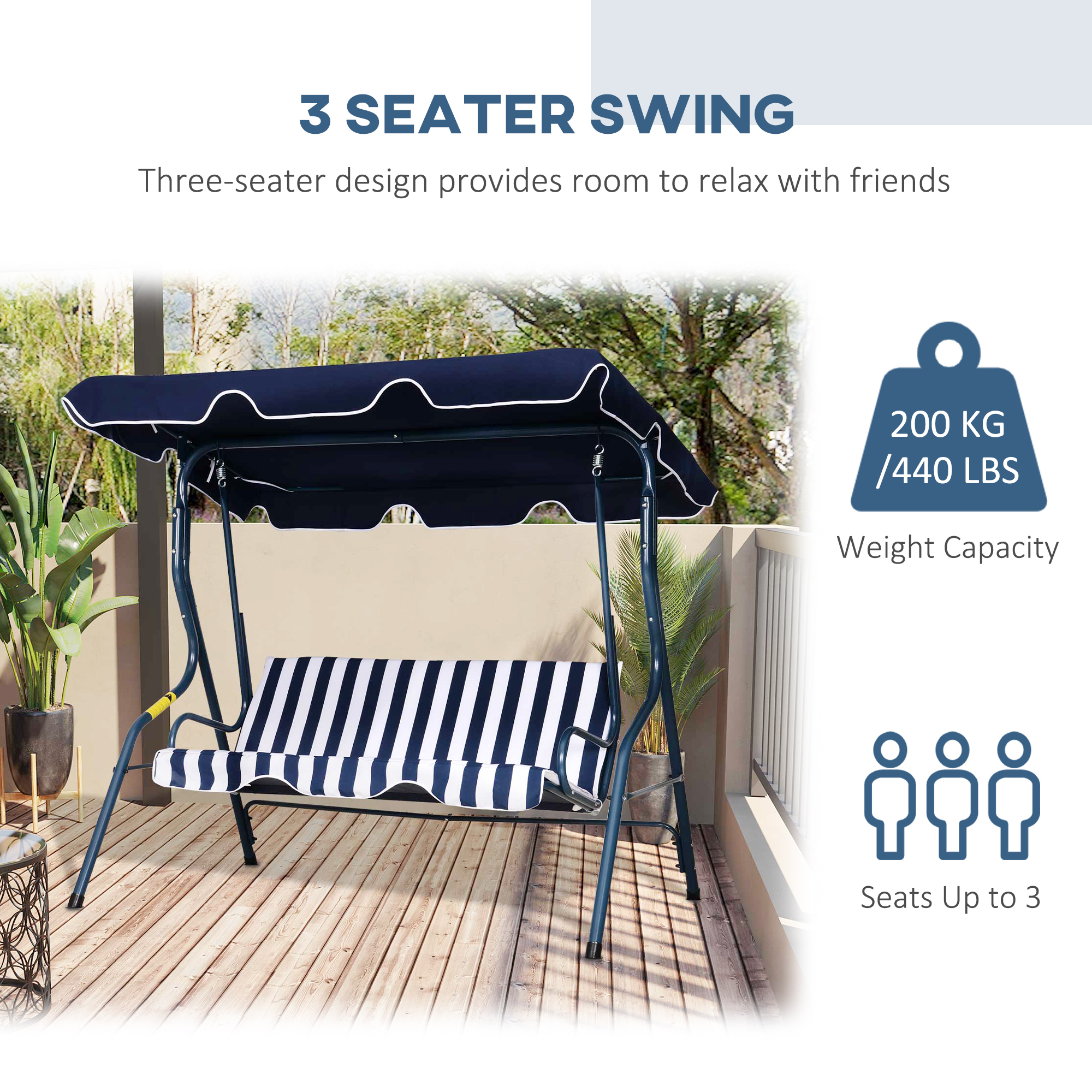 Outsunny Outdoor 3-Seater Swing Chair with Adjustable Canopy & Durable Metal Frame, Blue Stripes