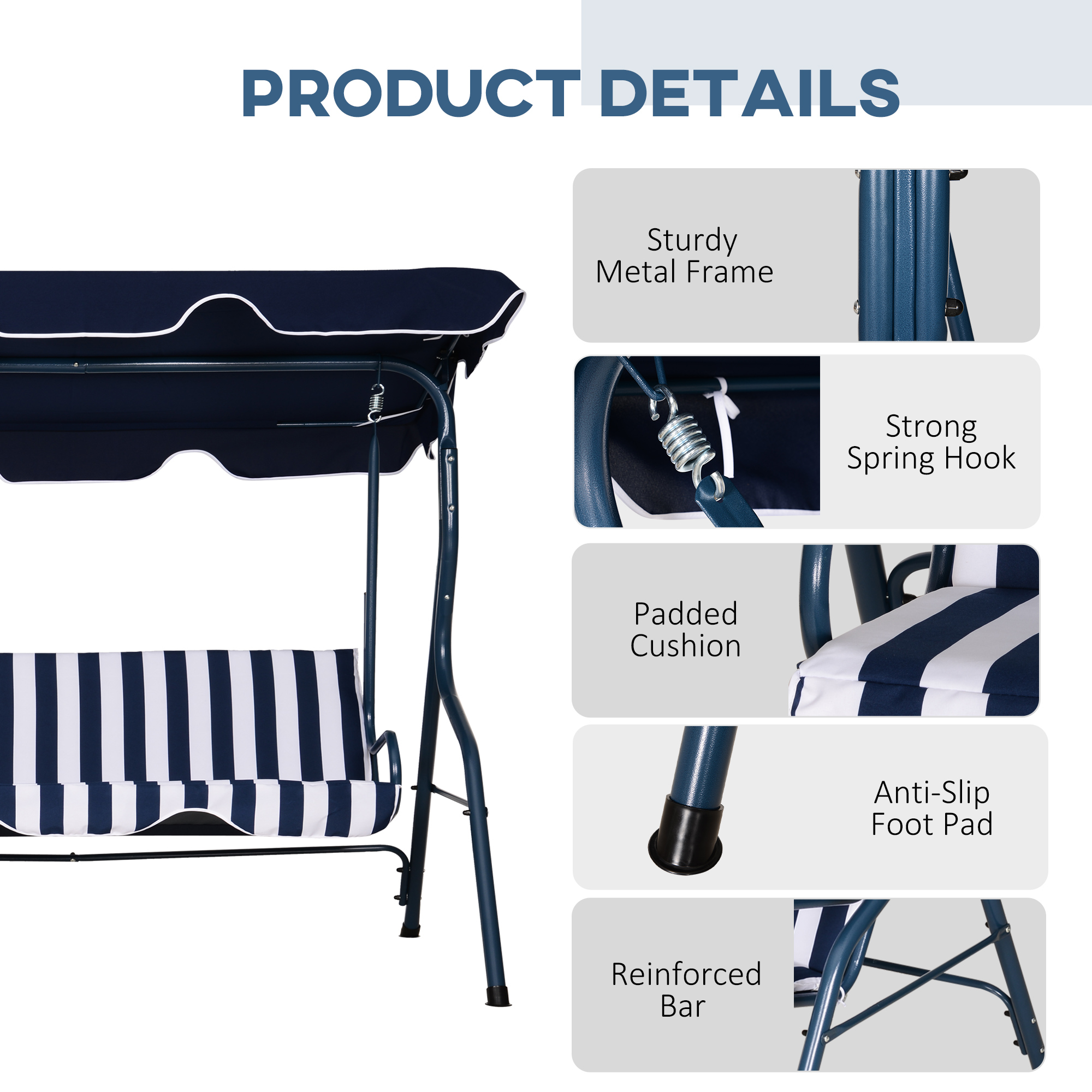 Outsunny Outdoor 3-Seater Swing Chair with Adjustable Canopy & Durable Metal Frame, Blue Stripes