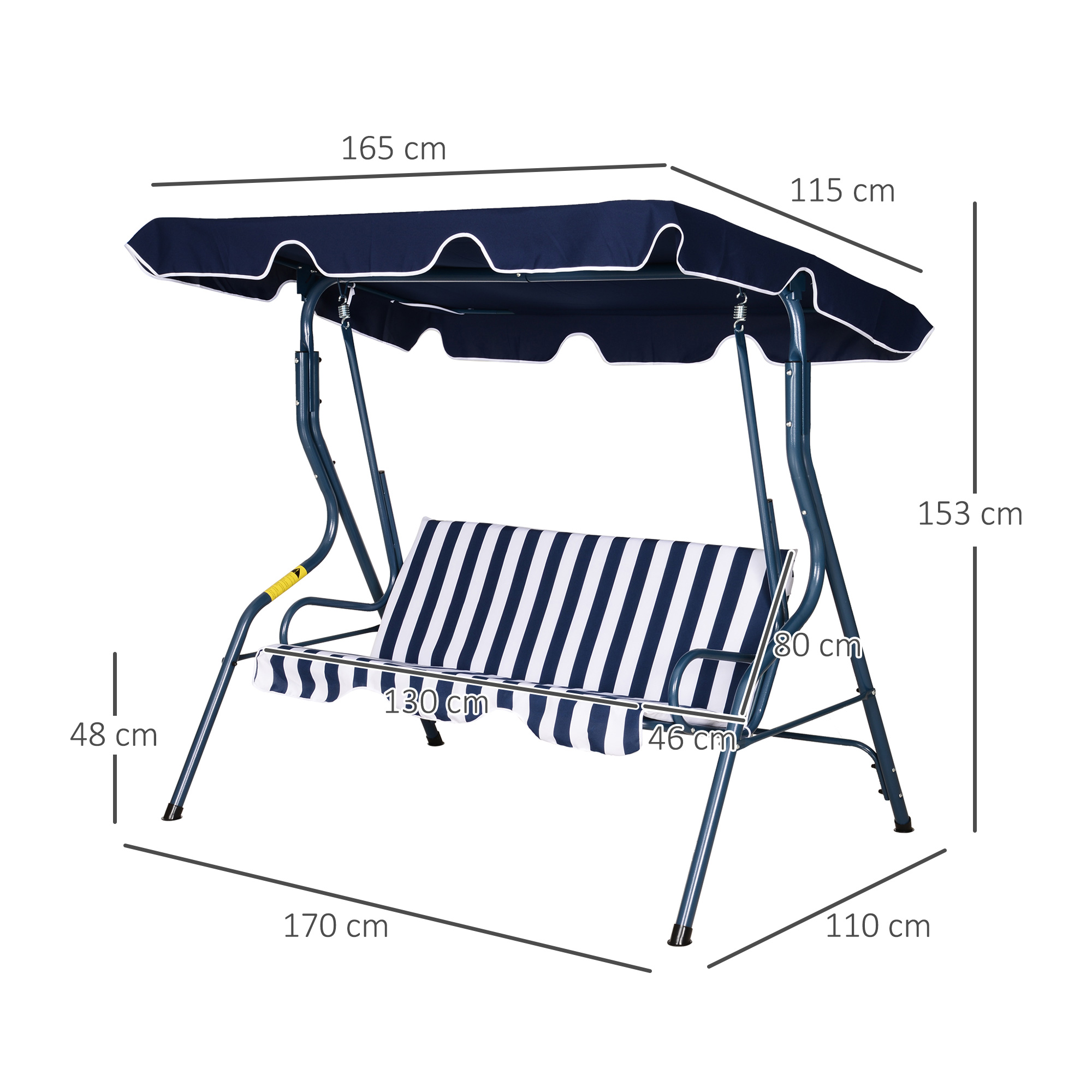 Outsunny Outdoor 3-Seater Swing Chair with Adjustable Canopy & Durable Metal Frame, Blue Stripes
