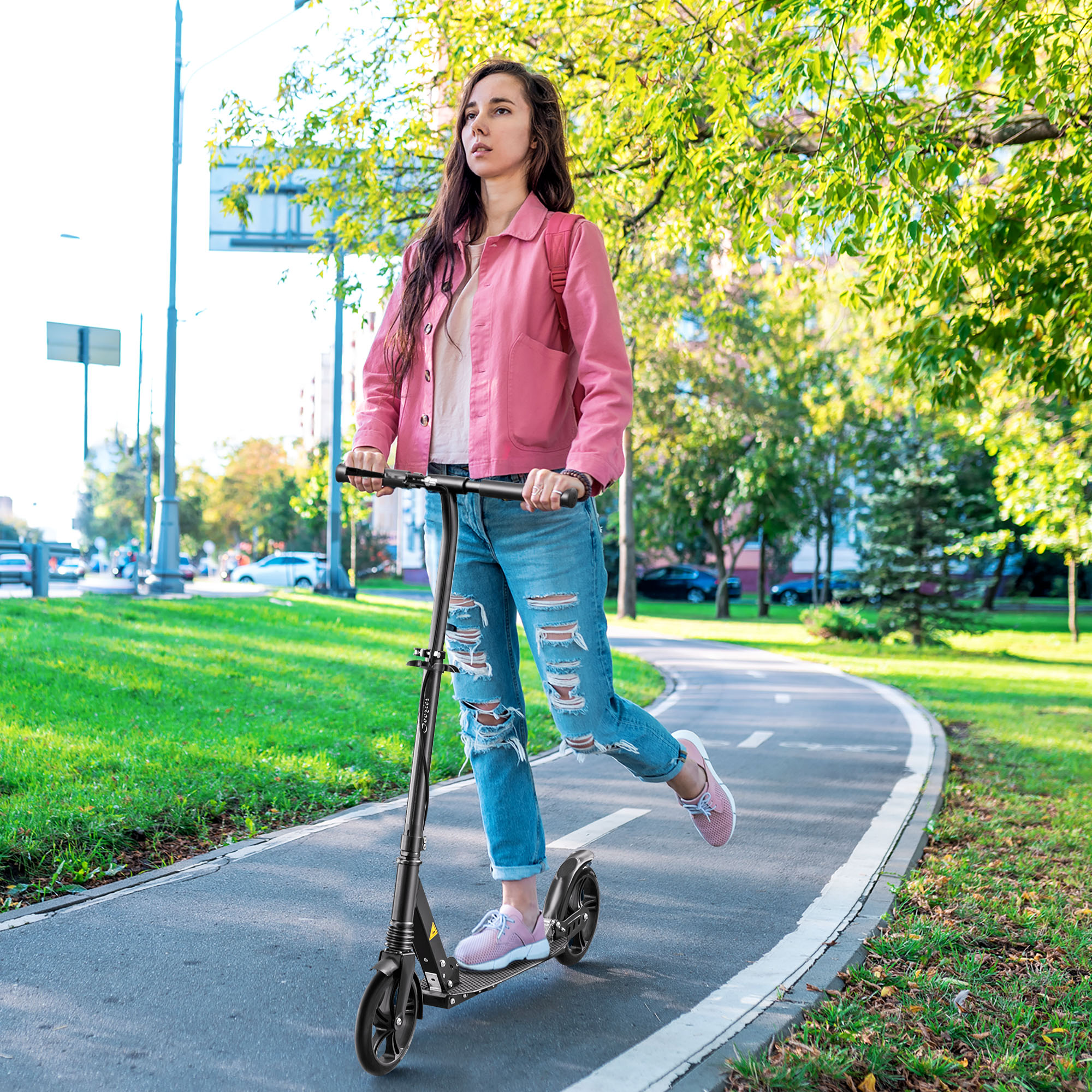 HOMCOM One-click Folding Kick Scooter for 14+ w/ Adjustable Handlebar, Push Scooter with Kickstand, Dual Brake System, Shock Absorber, Black