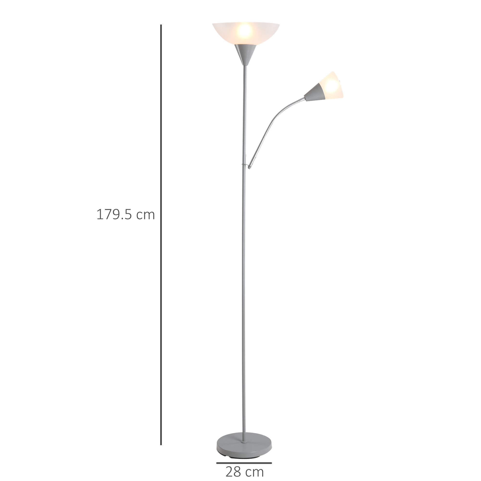 HOMCOM Modern Floor Reading Lamp 2 Adjustable Heads Light Steel Base Living Room Bedroom Office, 179.5cm