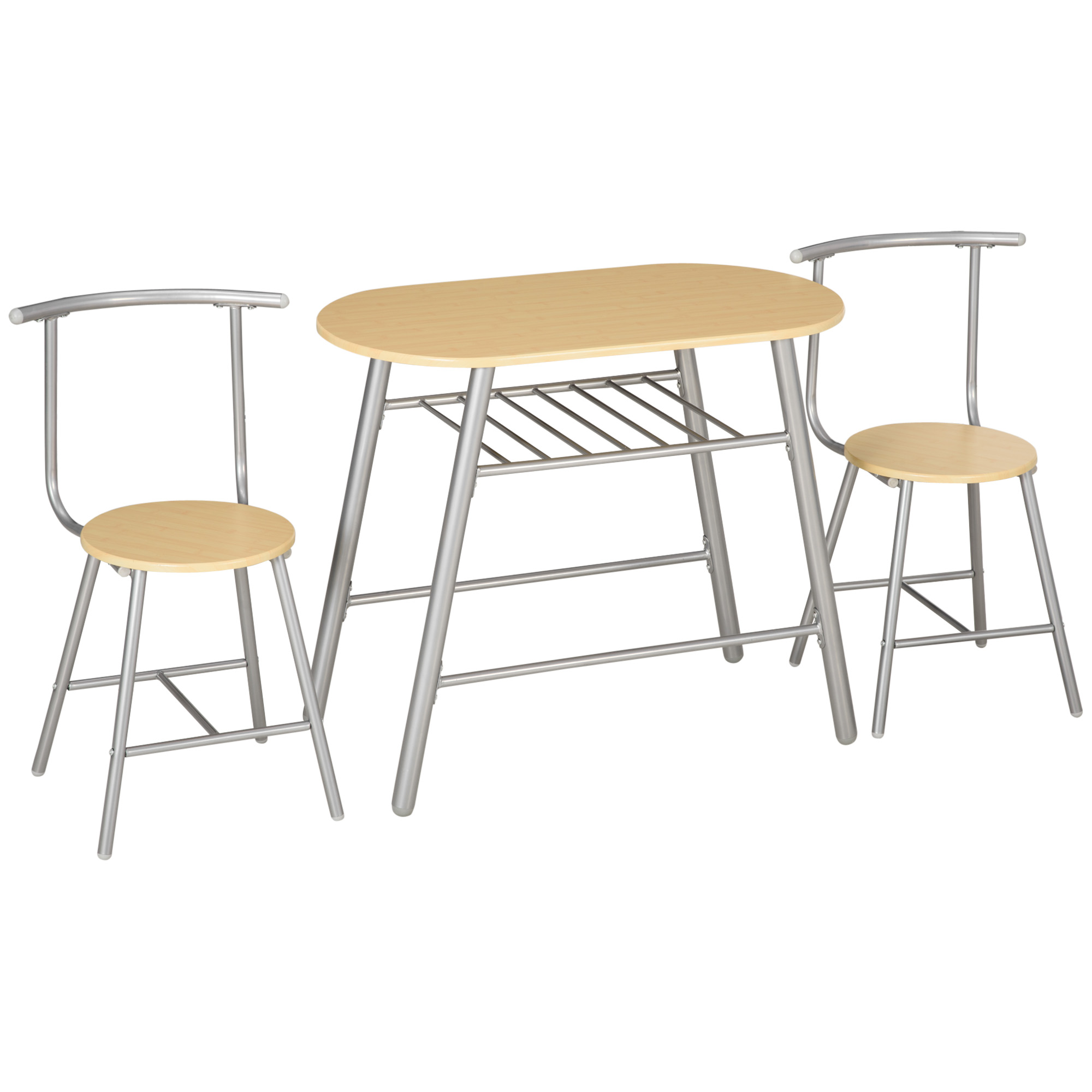 HOMCOM Set da Pranzo Salvaspazio da 3 Pezzi con Tavolo da Pranzo Ovale con Ripiano e 2 Sedie in MDF e Acciaio, Color Legno e Argento