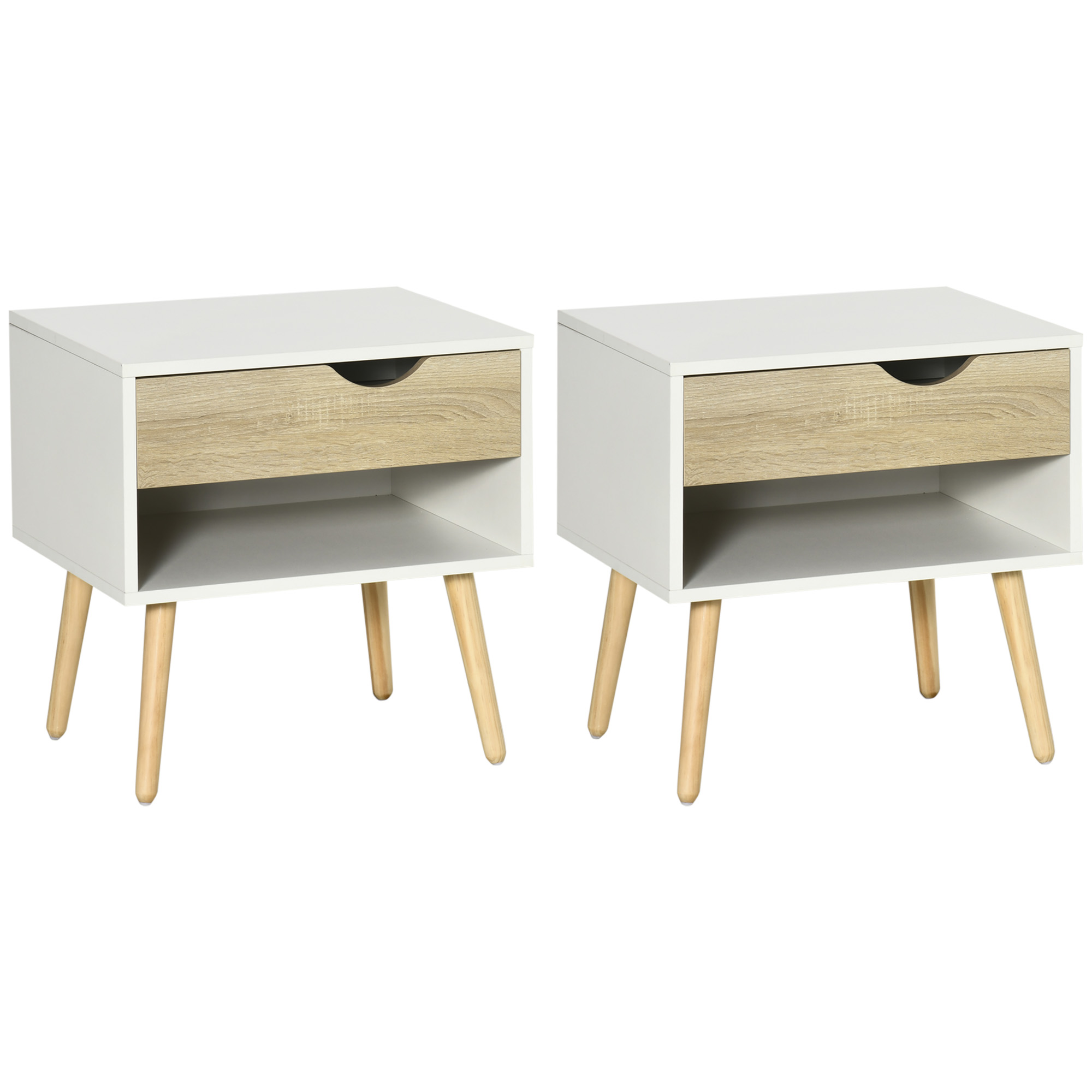 HOMCOM Conjunto de 2 Mesas de Cabeceira Mesa Auxiliar com 1 Gaveta e Prateleira de Armazenamento para Dormitório Sala de Estar Escritório Estilo Moderno 50x39x51cm Branco e Carvalho   Aosom Portugal