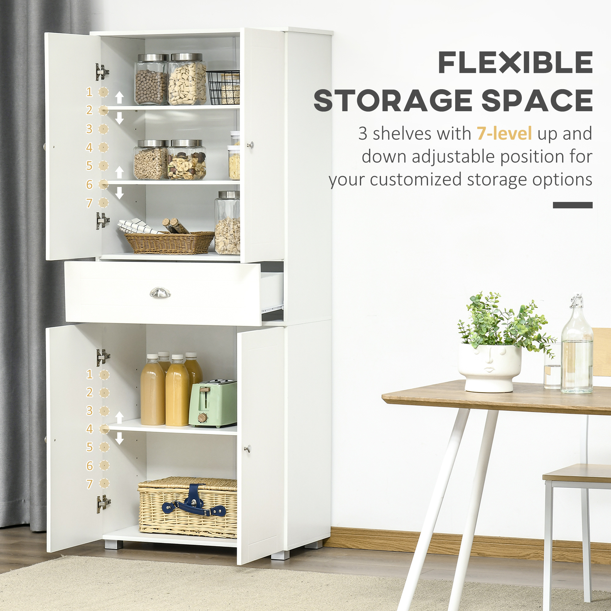 HOMCOM Freestanding Tall Kitchen Cupboard Storage Cabinets with Drawer and 3 Adjustable Shelves for Dining Room, Living Room, White