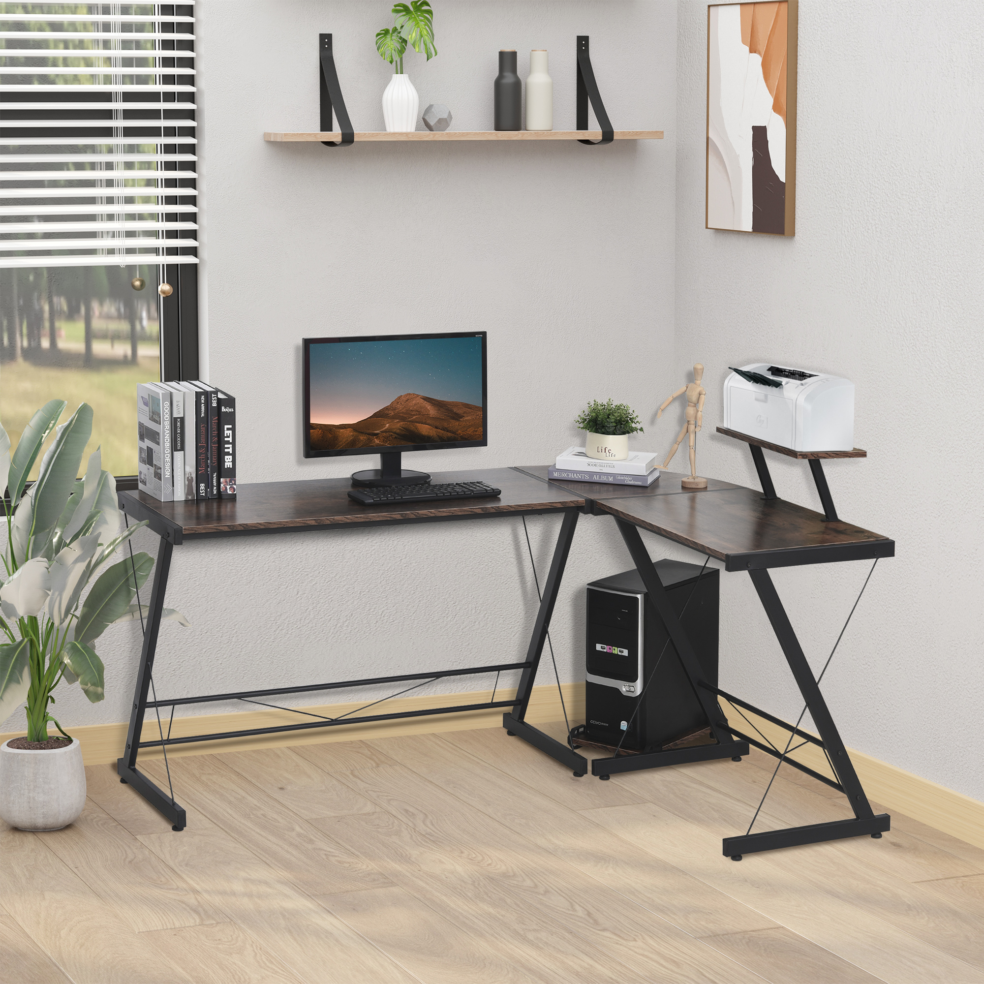 HOMCOM L Shaped Office Desk Round Corner Gaming Table Workstation with Storage Shelf, CPU Stand for Home Office