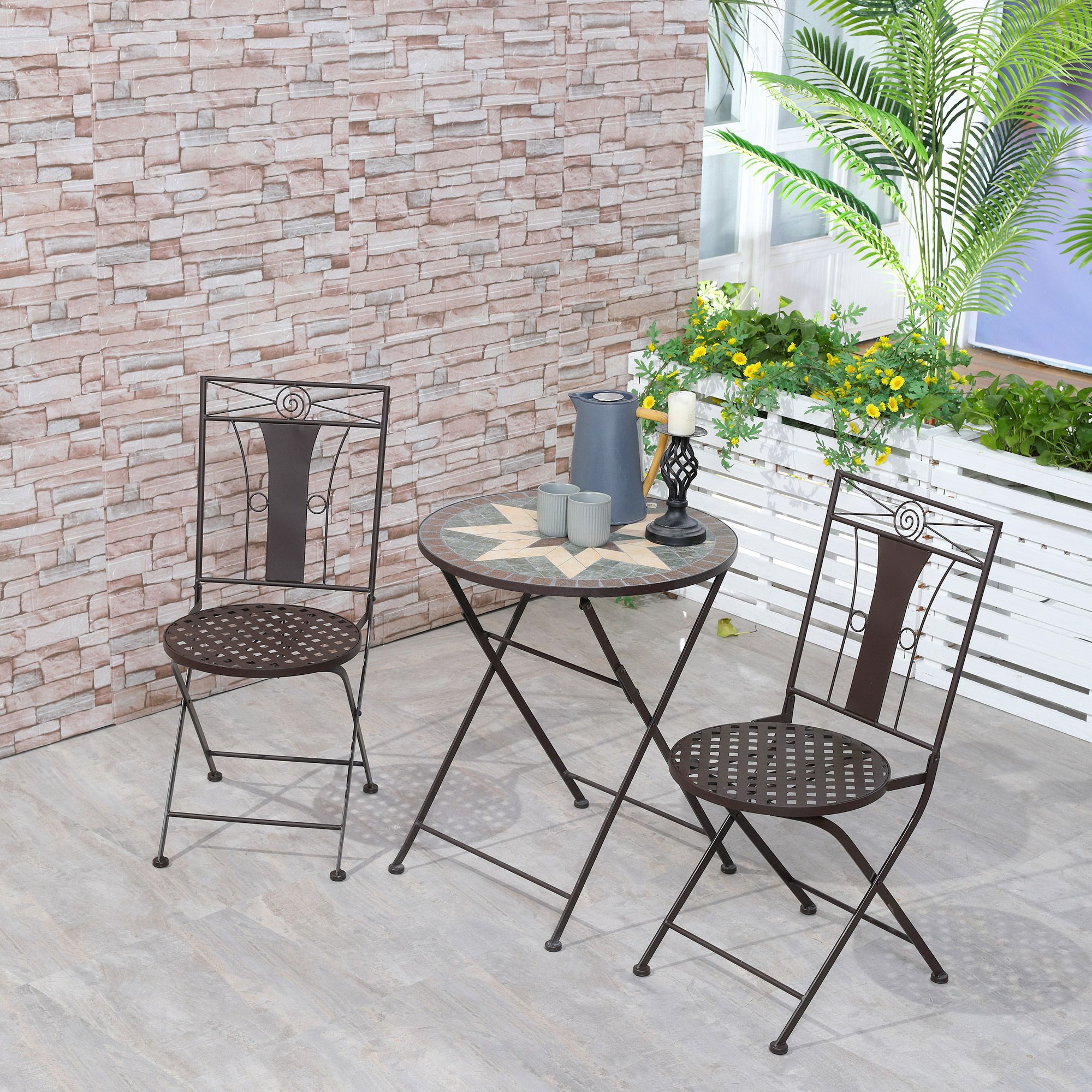 Outsunny 3-Piece Bistro Set, Patio Garden Furniture with Mosaic Table and 2 Foldable Armless Chairs, Metal Frame for Poolside, Coffee