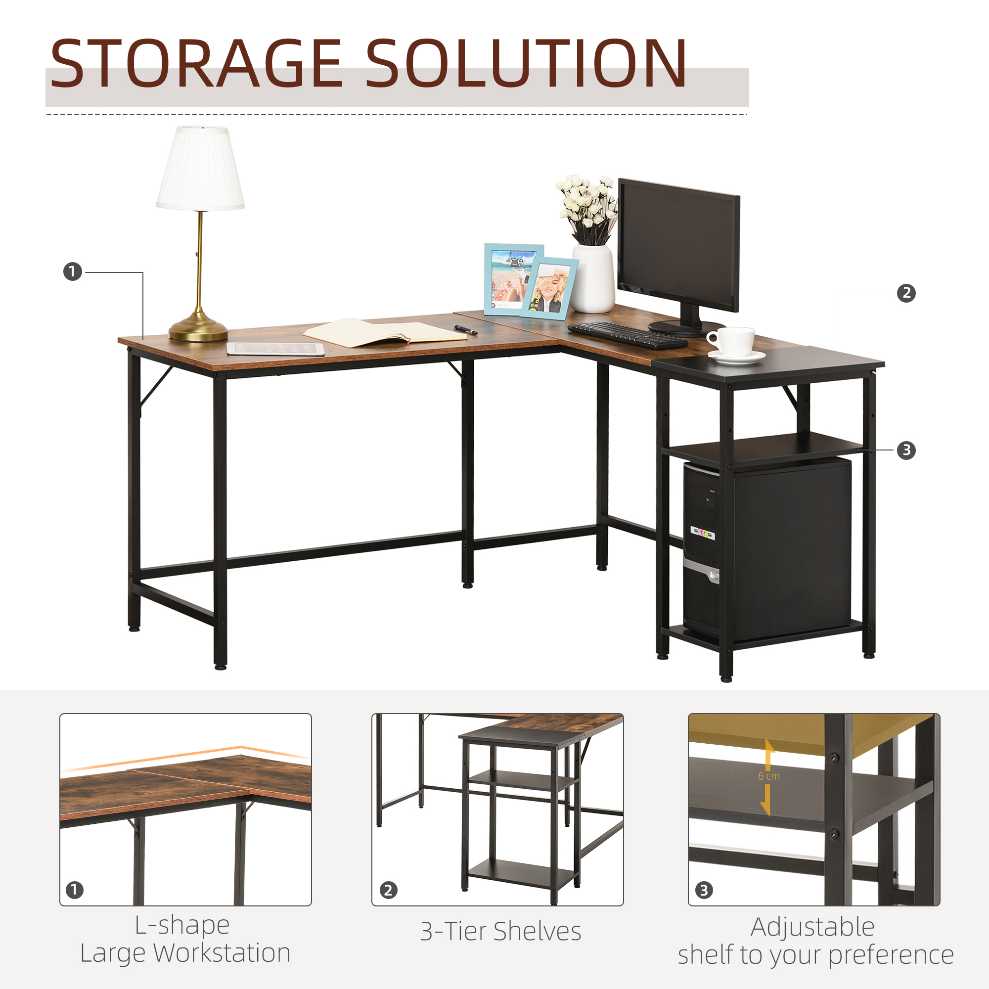 HOMCOM Industrial L-Shaped Computer Desk, Corner Writing Desk with Adjustable Shelf, Space-Saving Workstation, Rustic Brown, for Home Office