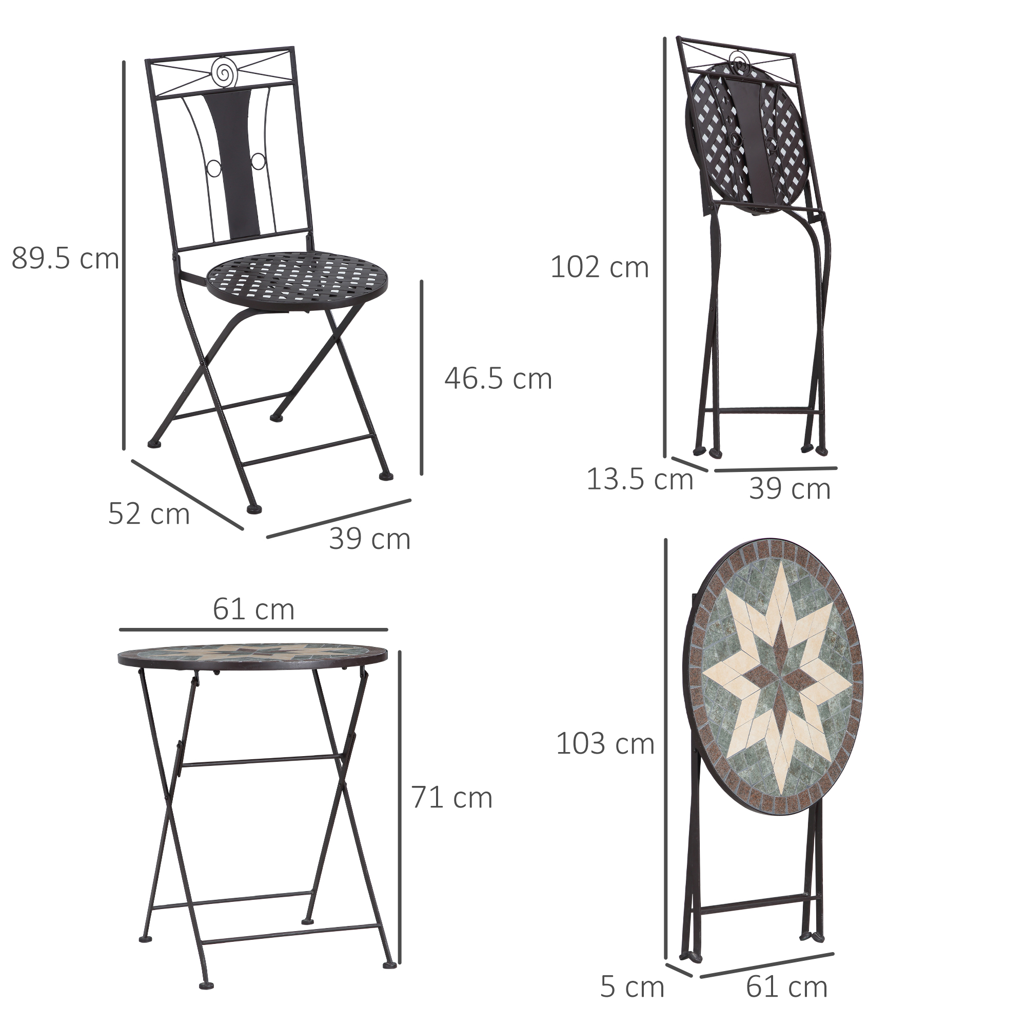 Outsunny 3-Piece Bistro Set, Patio Garden Furniture with Mosaic Table and 2 Foldable Armless Chairs, Metal Frame for Poolside, Coffee