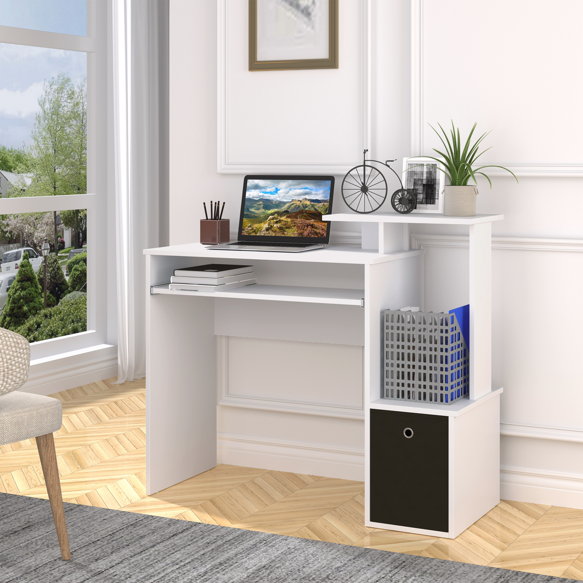 HOMCOM Compact Small Computer PC Desk with Sliding Keyboard Tray Storage Drawer Shelf Home Office Workstation Gaming Study White