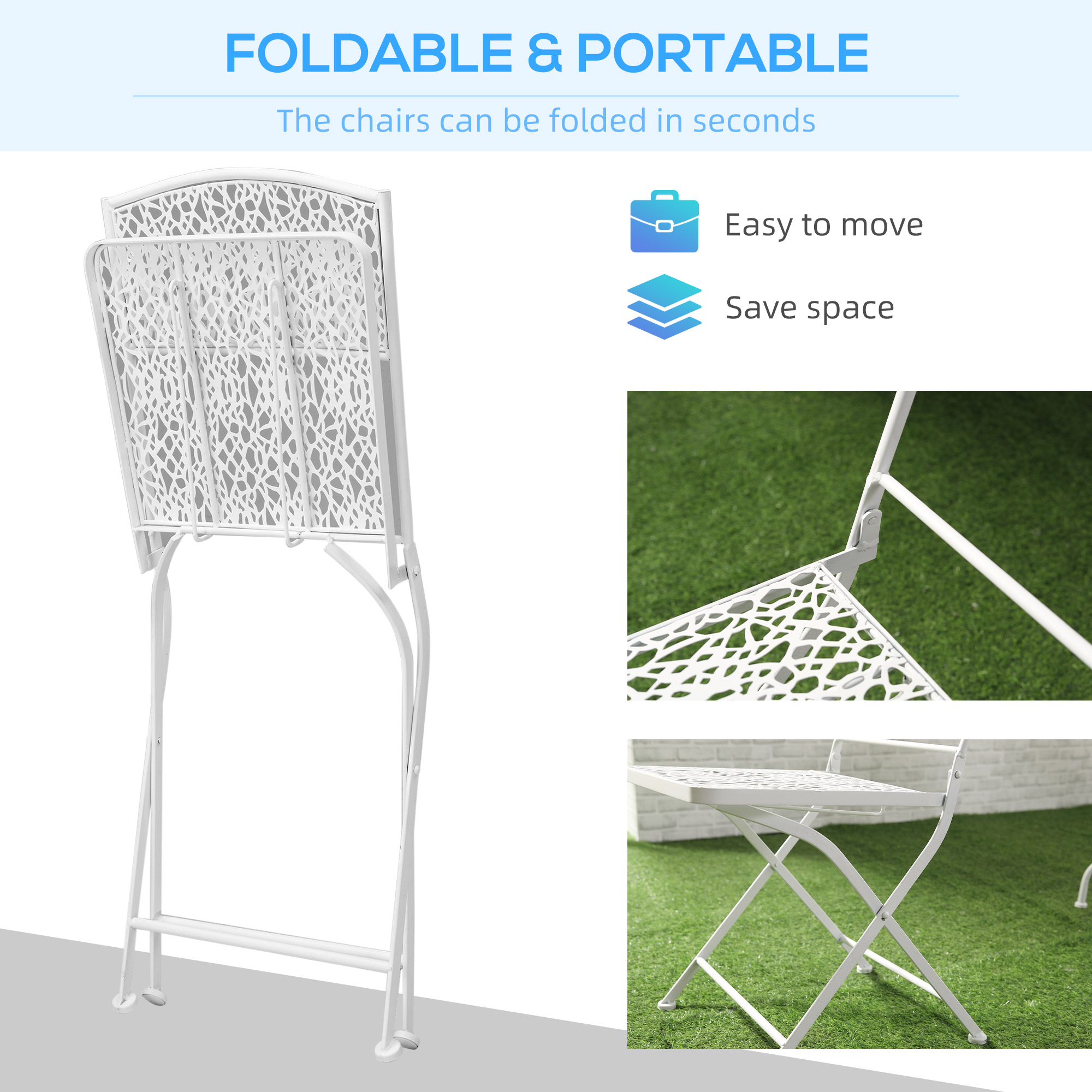 Outsunny Bistro Set for 2, Metal Folding Chairs with Round Table, White, Ideal for Balcony & Outdoor Indoor Use.