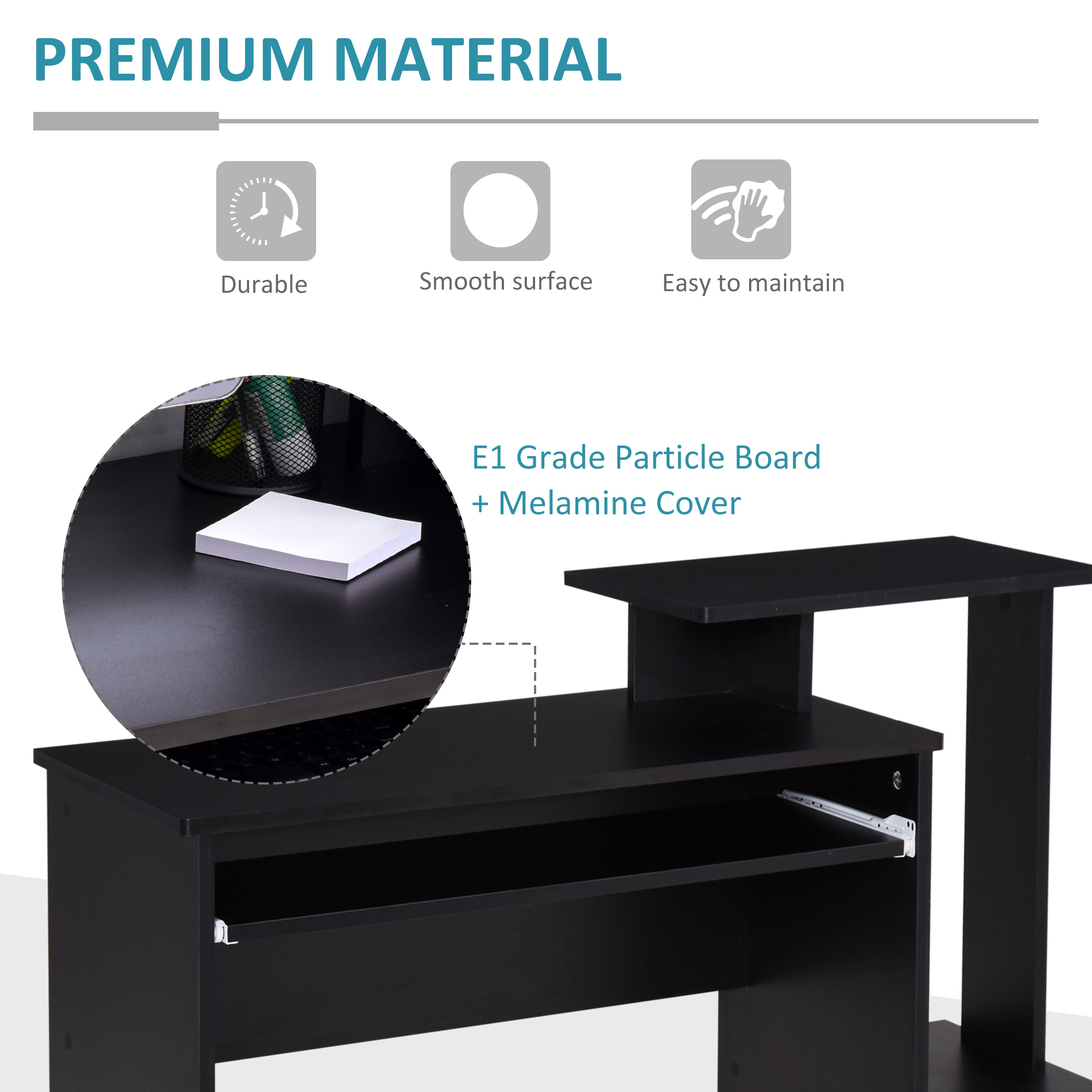 HOMCOM Wooden Computer Desk with Keyboard Tray, Drawer, Shelf, Home Office Workstation, Study Gaming Desk, Black