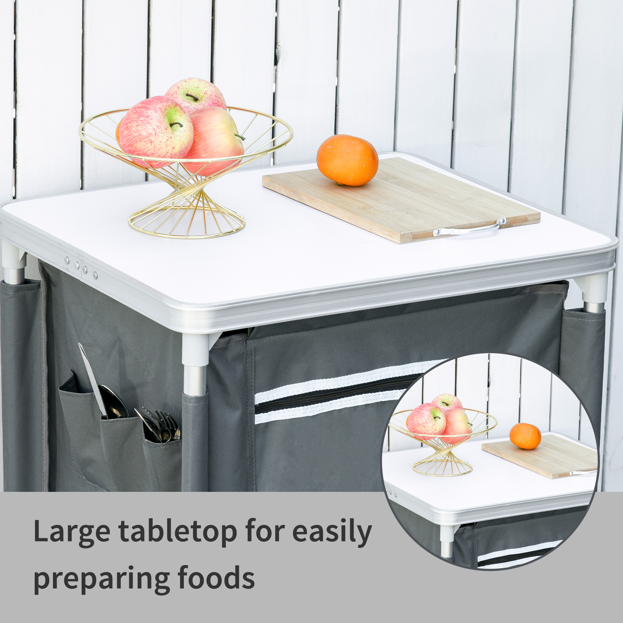 Outsunny Camping Kitchen Unit, 3-Shelf Cook Station with Storage Organiser & Carry Bag, Foldable for BBQs, Picnics, Grey
