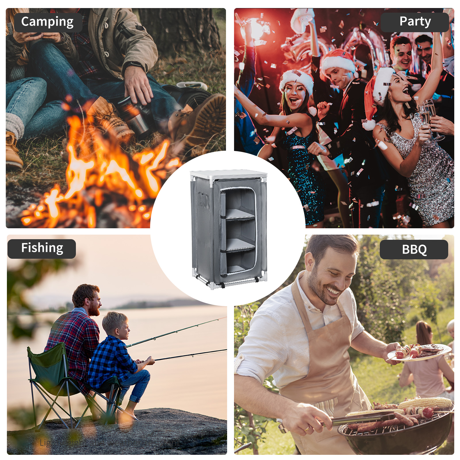 Outsunny Camping Kitchen Unit, 3-Shelf Cook Station with Storage Organiser & Carry Bag, Foldable for BBQs, Picnics, Grey