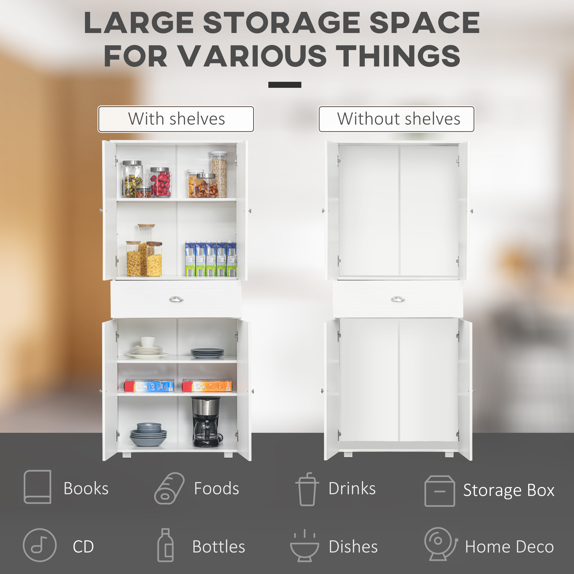 HOMCOM Freestanding Tall Kitchen Cupboard Storage Cabinets with Drawer and 3 Adjustable Shelves for Dining Room, Living Room, White