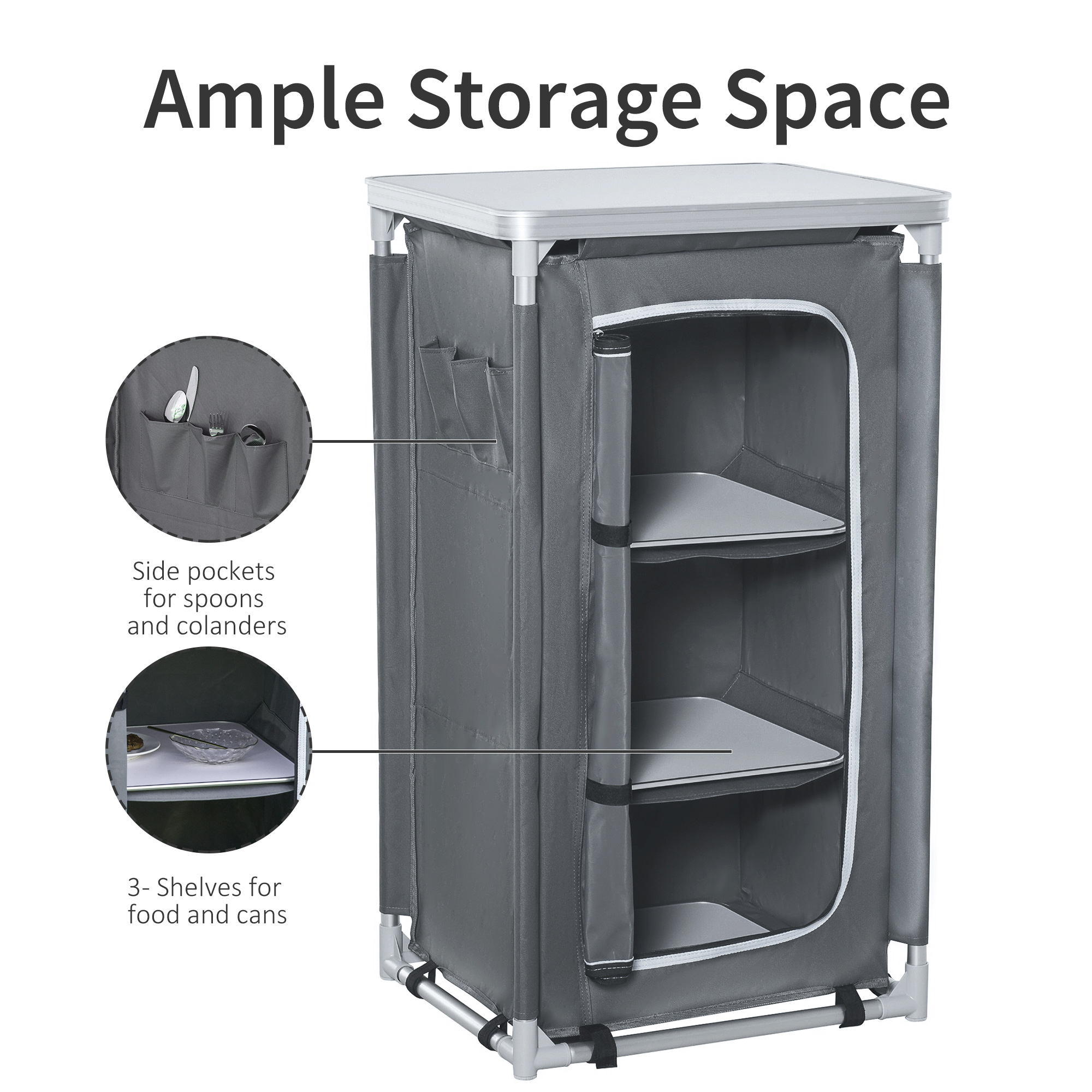 Outsunny Camping Kitchen Unit, 3-Shelf Cook Station with Storage Organiser & Carry Bag, Foldable for BBQs, Picnics, Grey