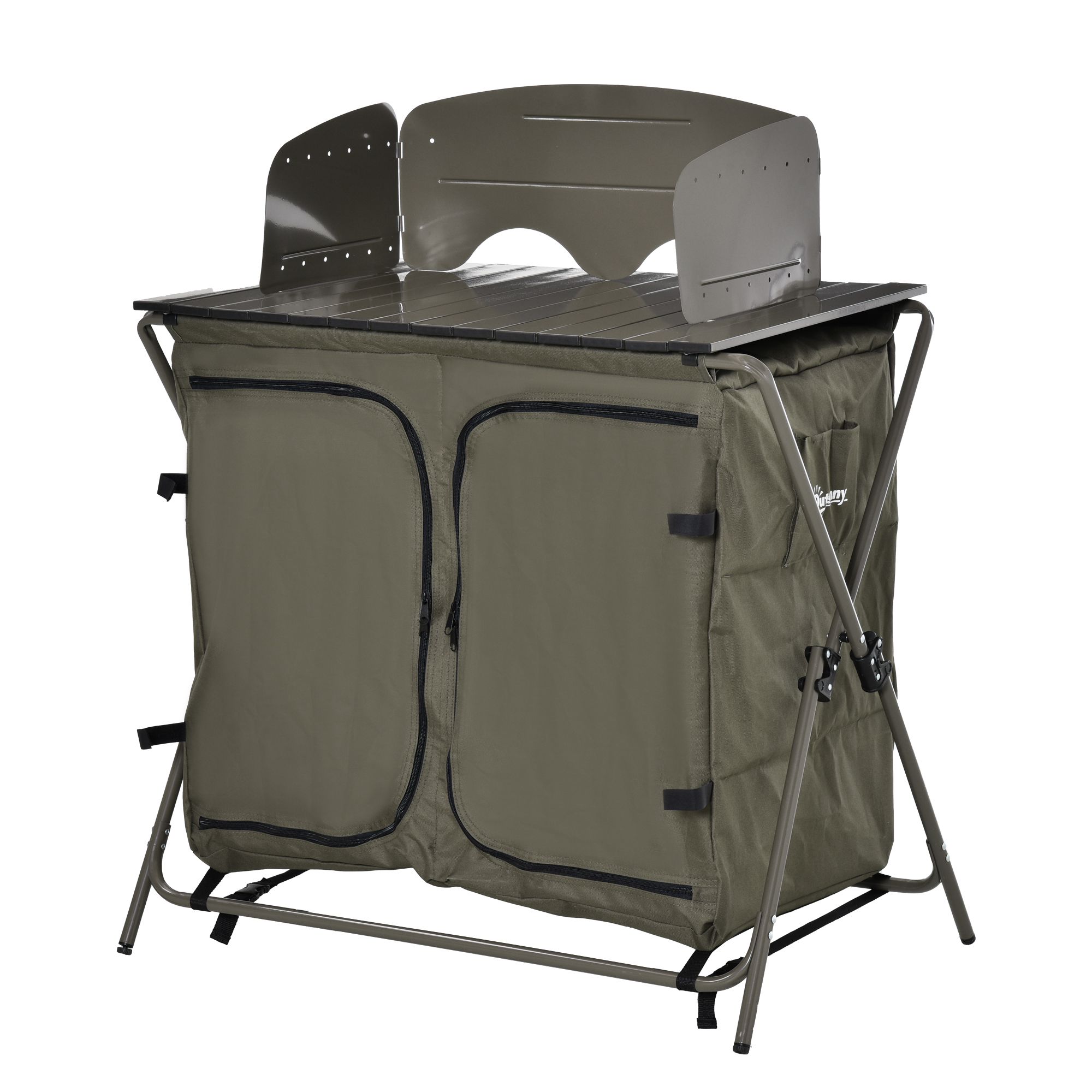 Outsunny Camping Cupboard Foldable Camping Kitchen Storage Unit w/ Windshield & 6 Shelves for BBQ Party Picnics Backyards with Carrying Bag