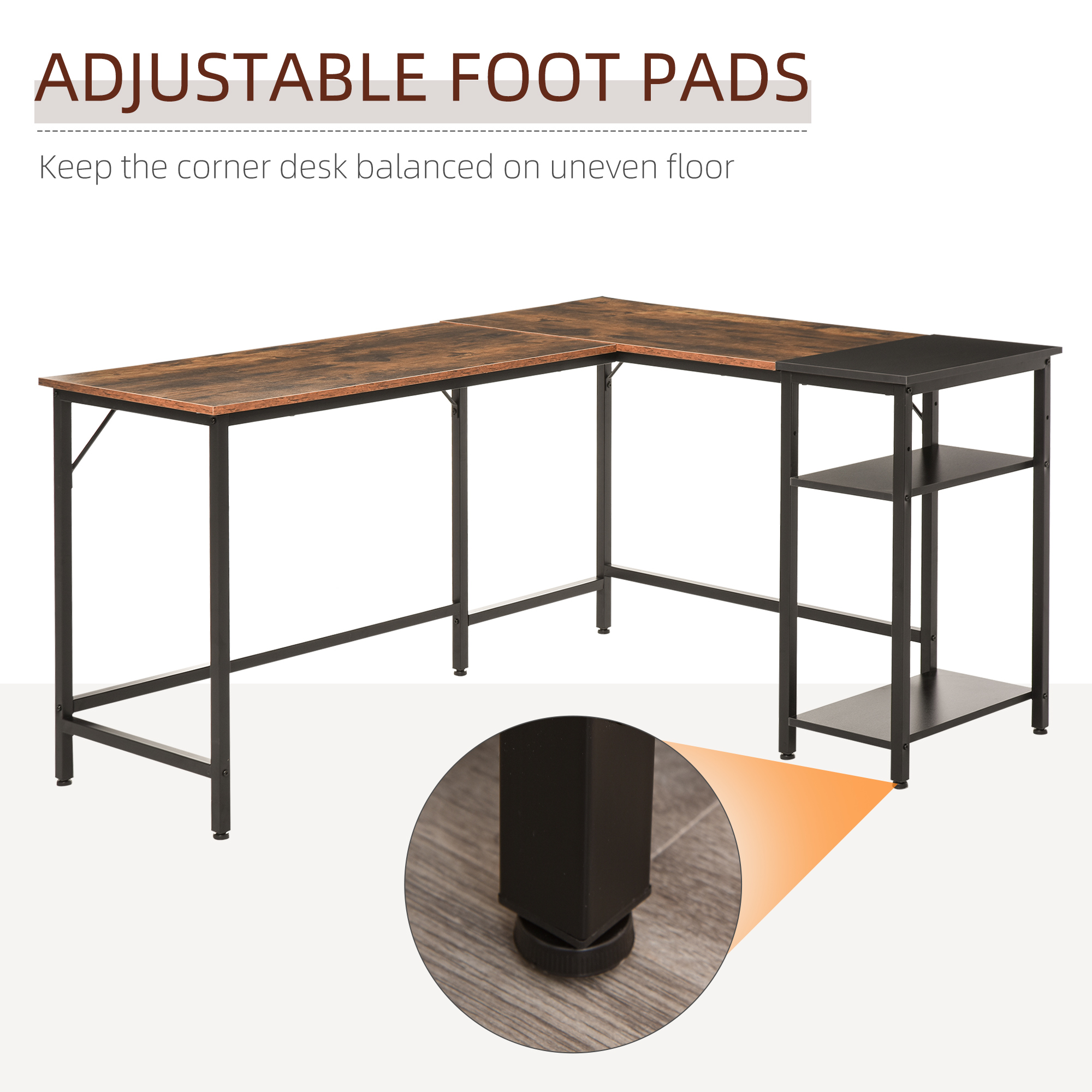 HOMCOM Industrial L-Shaped Computer Desk, Corner Writing Desk with Adjustable Shelf, Space-Saving Workstation, Rustic Brown, for Home Office