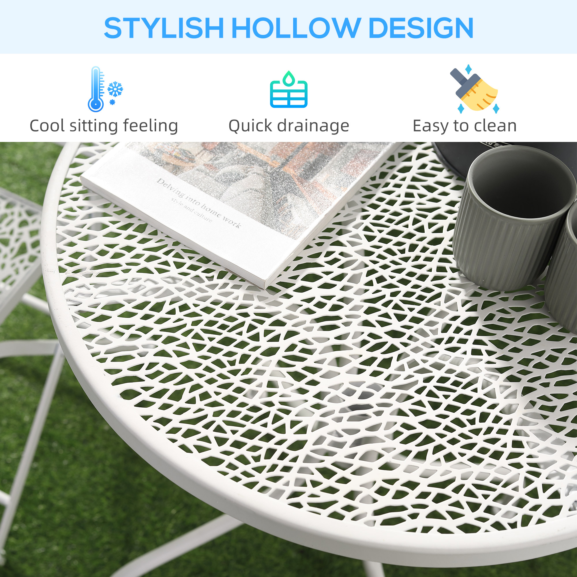 Outsunny Bistro Set for 2, Metal Folding Chairs with Round Table, White, Ideal for Balcony & Outdoor Indoor Use.