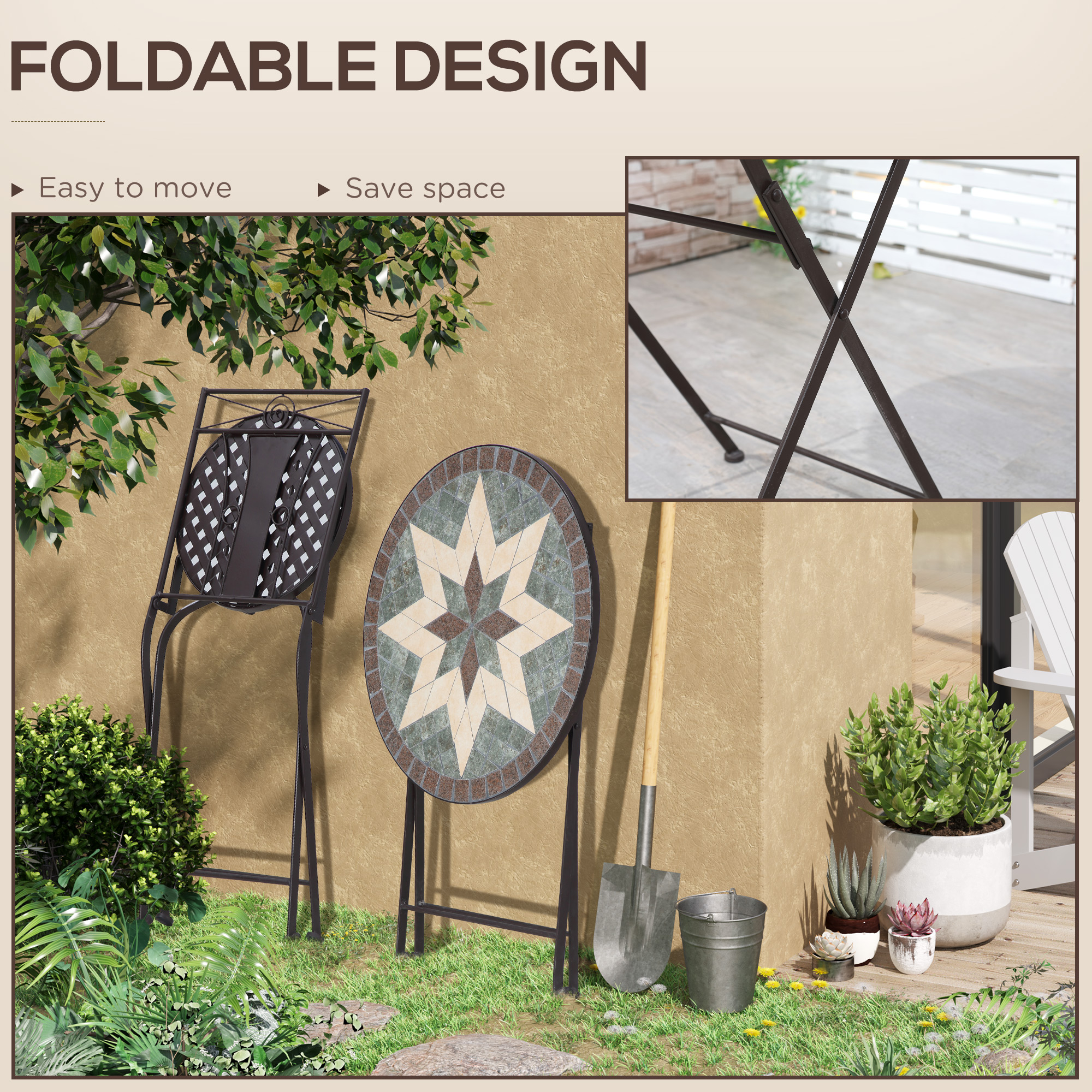 Outsunny 3-Piece Bistro Set, Patio Garden Furniture with Mosaic Table and 2 Foldable Armless Chairs, Metal Frame for Poolside, Coffee