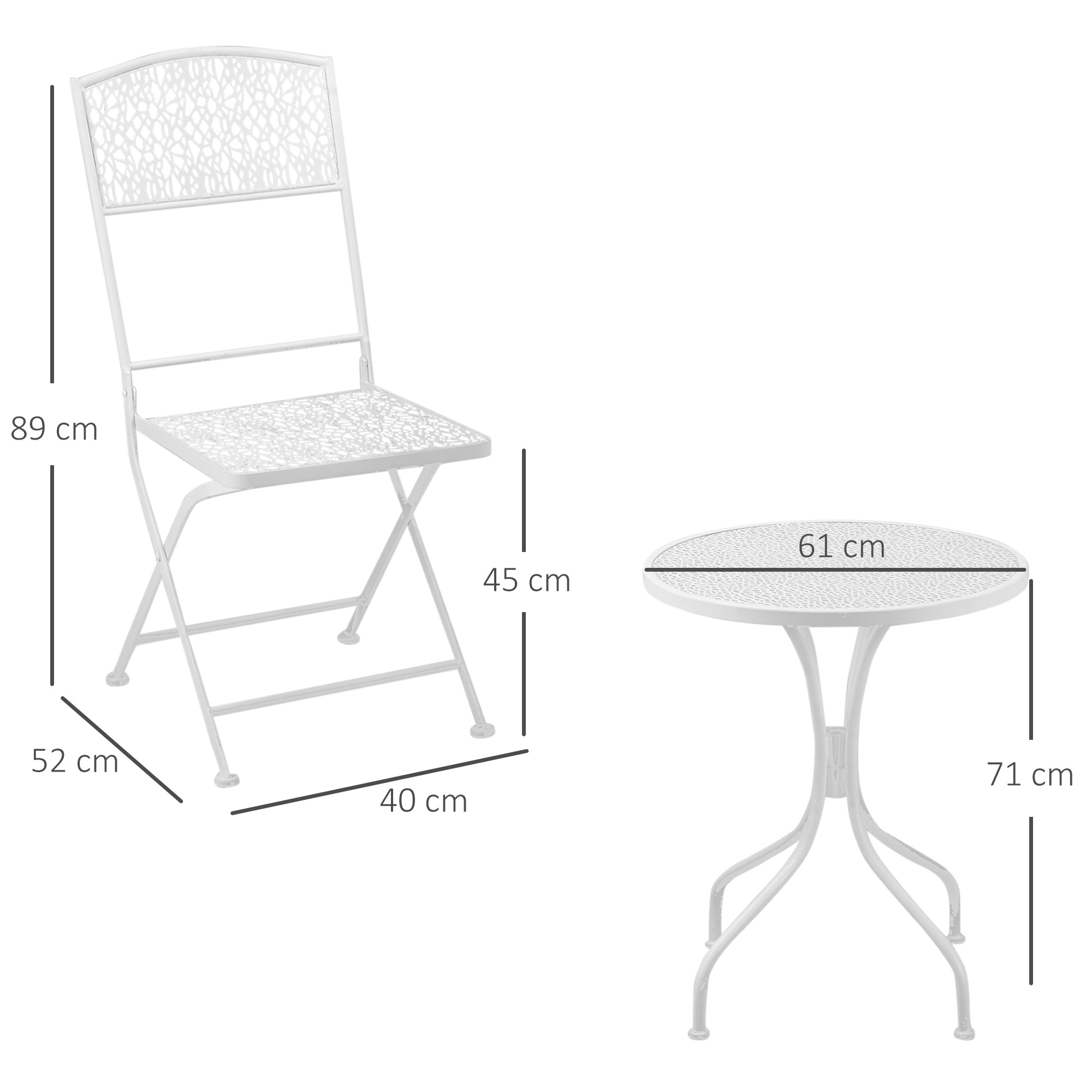 Outsunny Bistro Set for 2, Metal Folding Chairs with Round Table, White, Ideal for Balcony & Outdoor Indoor Use.