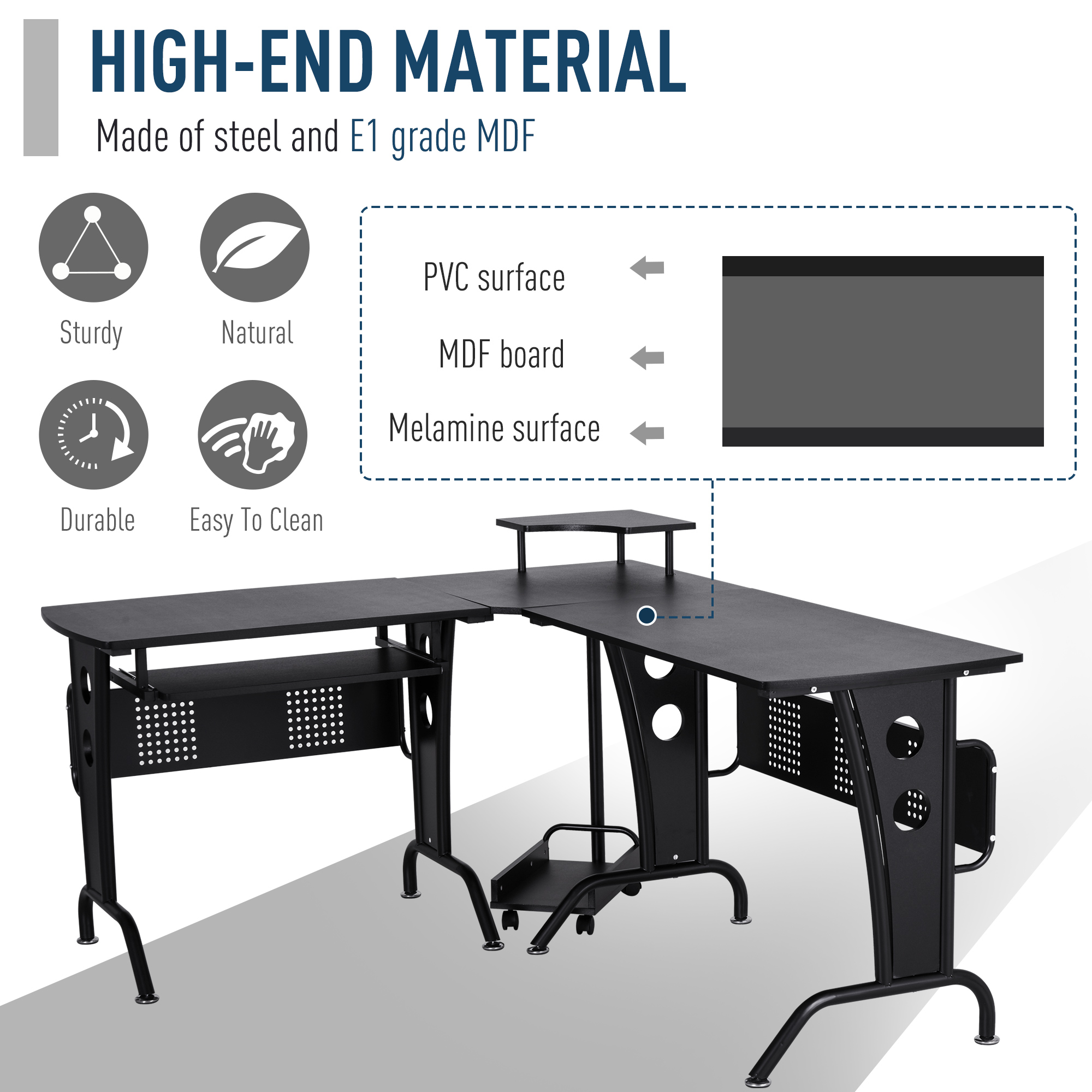HOMCOM L-Shaped Corner Work Desk Gaming Office w/ Steel Frame CPU Rack Keyboard Tray Space-Saving Melamine Coating Computer Home Workstation Black