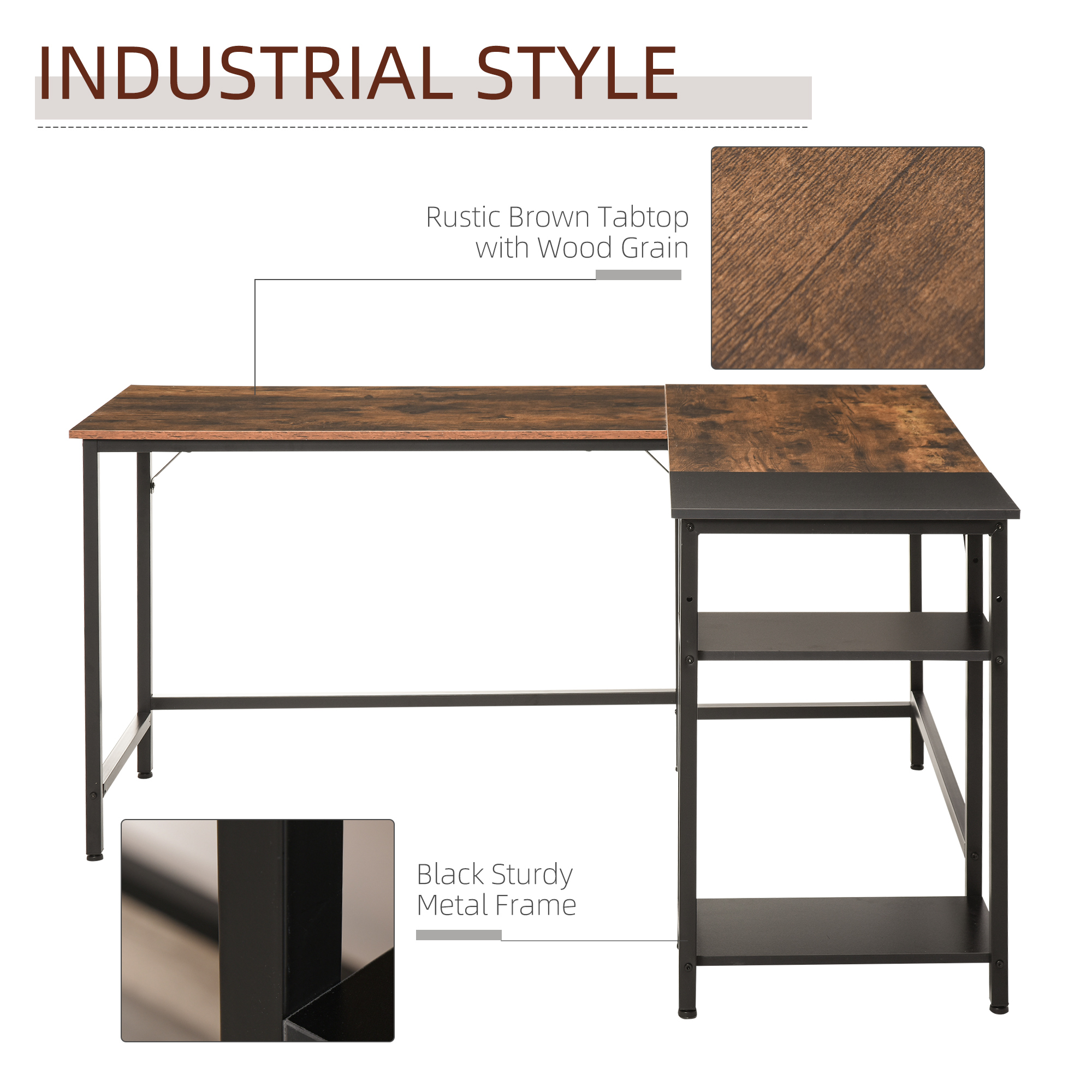 HOMCOM Industrial L-Shaped Computer Desk, Corner Writing Desk with Adjustable Shelf, Space-Saving Workstation, Rustic Brown, for Home Office