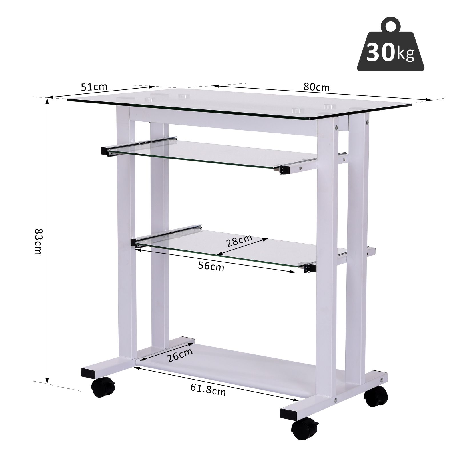 HOMCOM Mobile Glass Computer Desk, Workstation on Wheels, Laptop PC Desk for Home Office, White.