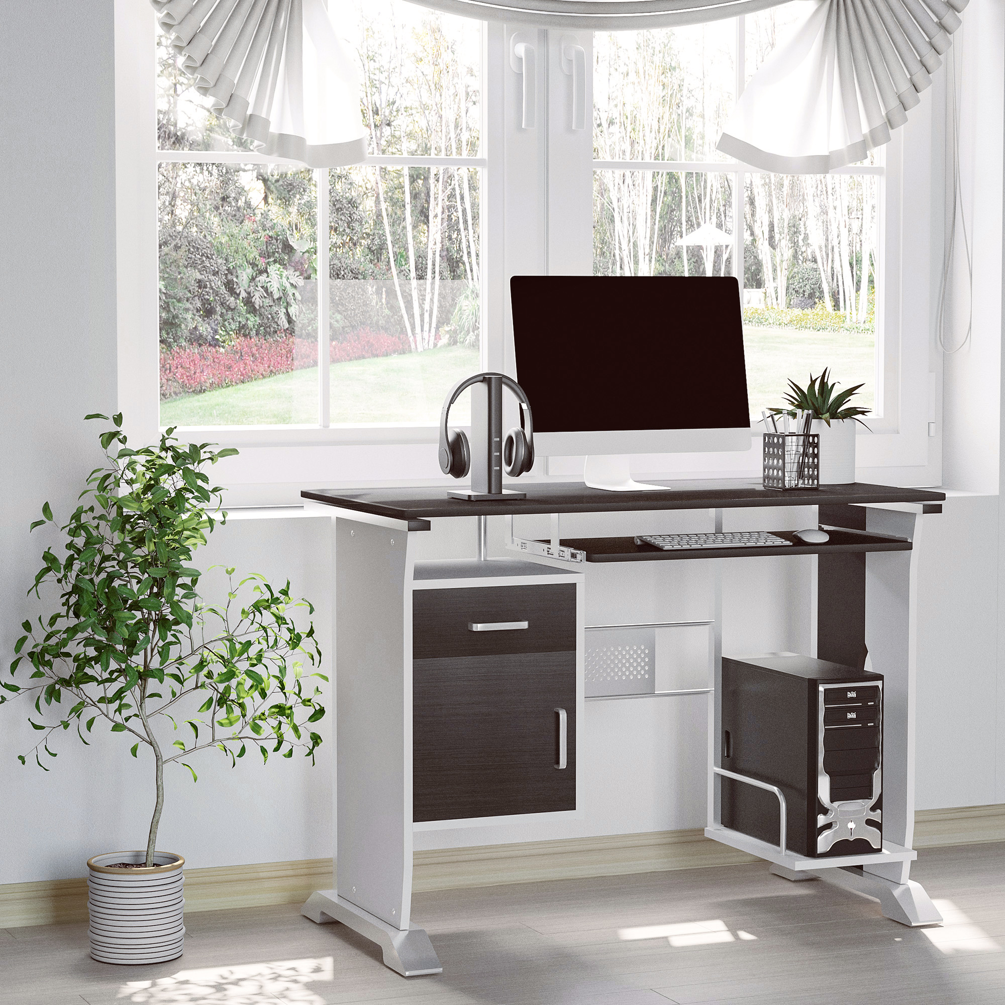 HOMCOM Home Office Workstation Desk, PC Computer Desk with Sliding Keyboard Tray, Storage Drawers, Host Box Shelf, Black Walnut
