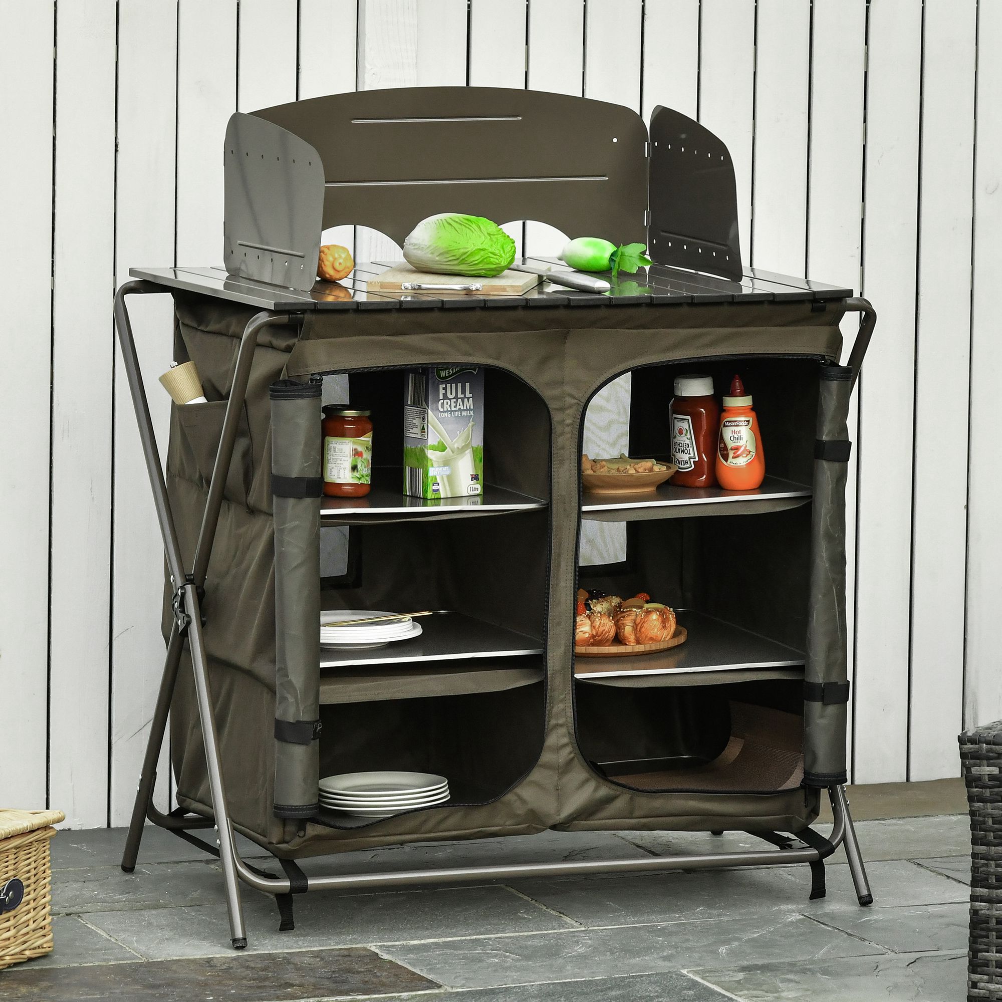 Outsunny Camping Cupboard Foldable Camping Kitchen Storage Unit w/ Windshield & 6 Shelves for BBQ Party Picnics Backyards with Carrying Bag