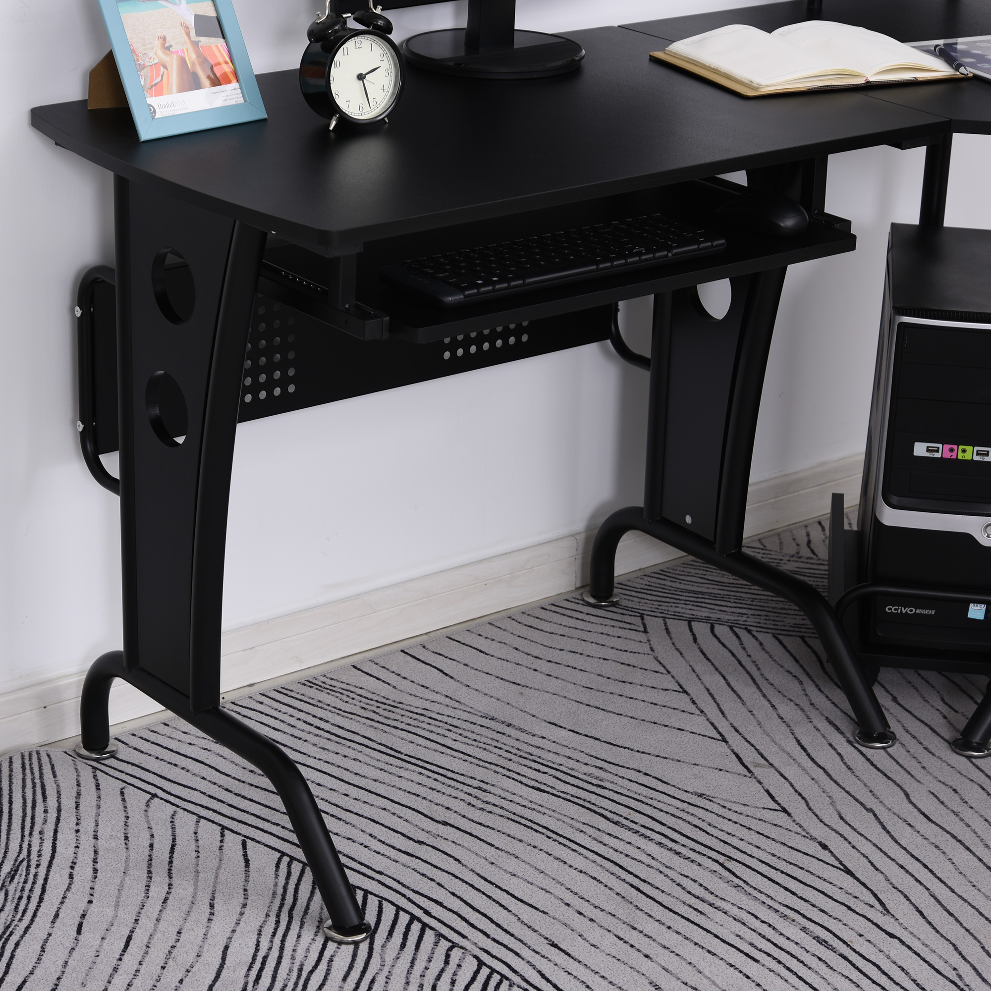 HOMCOM L-Shaped Corner Work Desk Gaming Office w/ Steel Frame CPU Rack Keyboard Tray Space-Saving Melamine Coating Computer Home Workstation Black