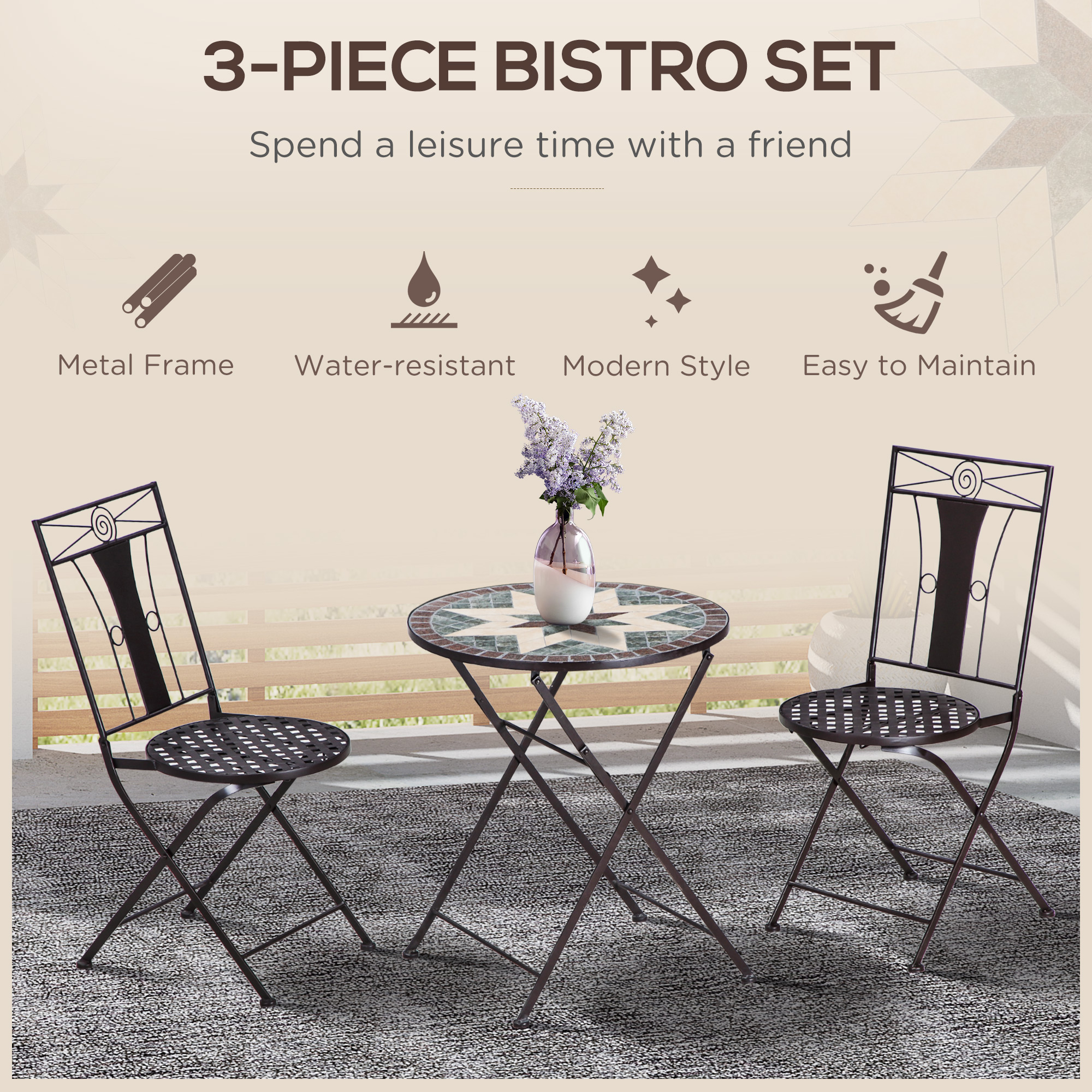 Outsunny 3-Piece Bistro Set, Patio Garden Furniture with Mosaic Table and 2 Foldable Armless Chairs, Metal Frame for Poolside, Coffee