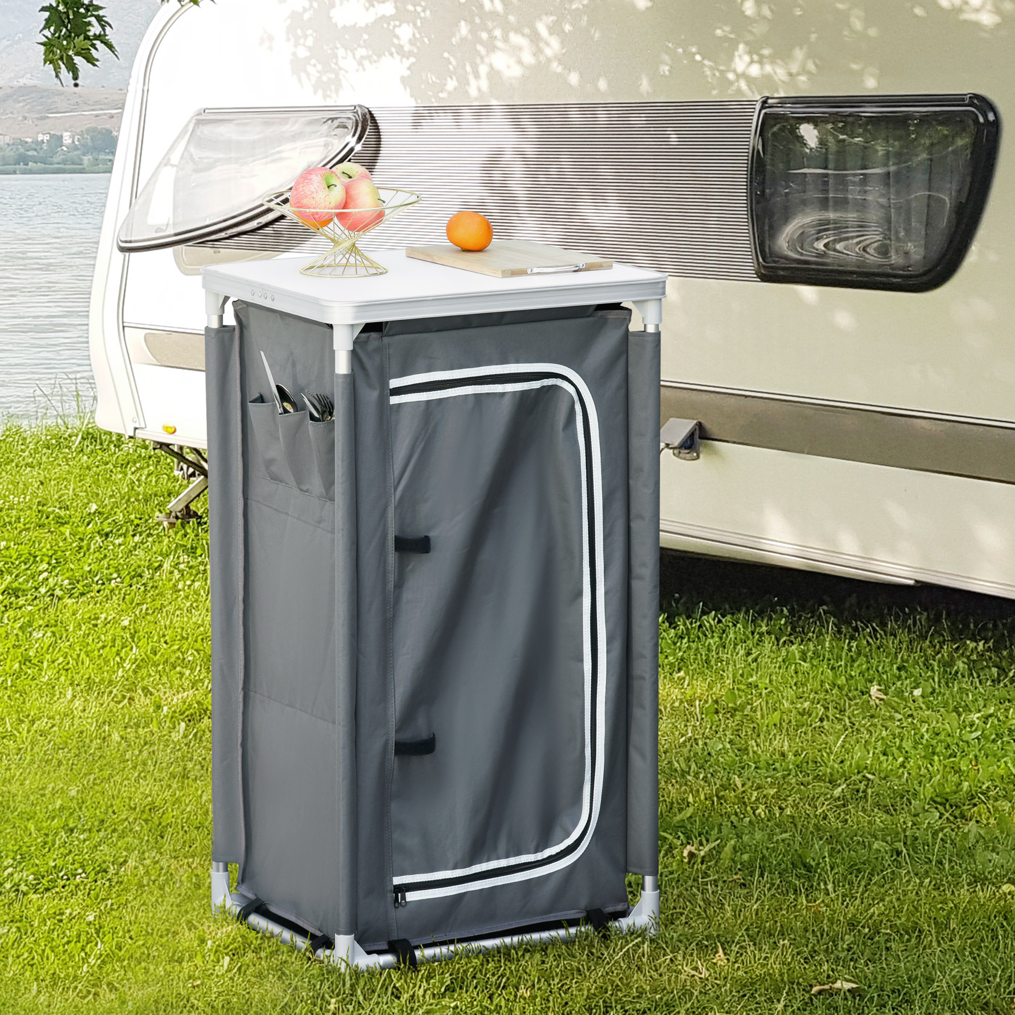 Outsunny Camping Kitchen Unit, 3-Shelf Cook Station with Storage Organiser & Carry Bag, Foldable for BBQs, Picnics, Grey