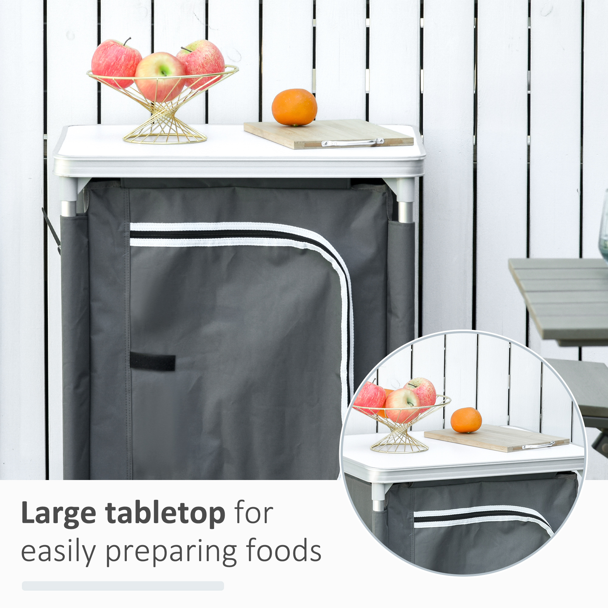 Outsunny Camping Kitchen Unit, 3-Shelf Cook Station with Storage Organiser & Carry Bag, Foldable for BBQs, Picnics, Grey