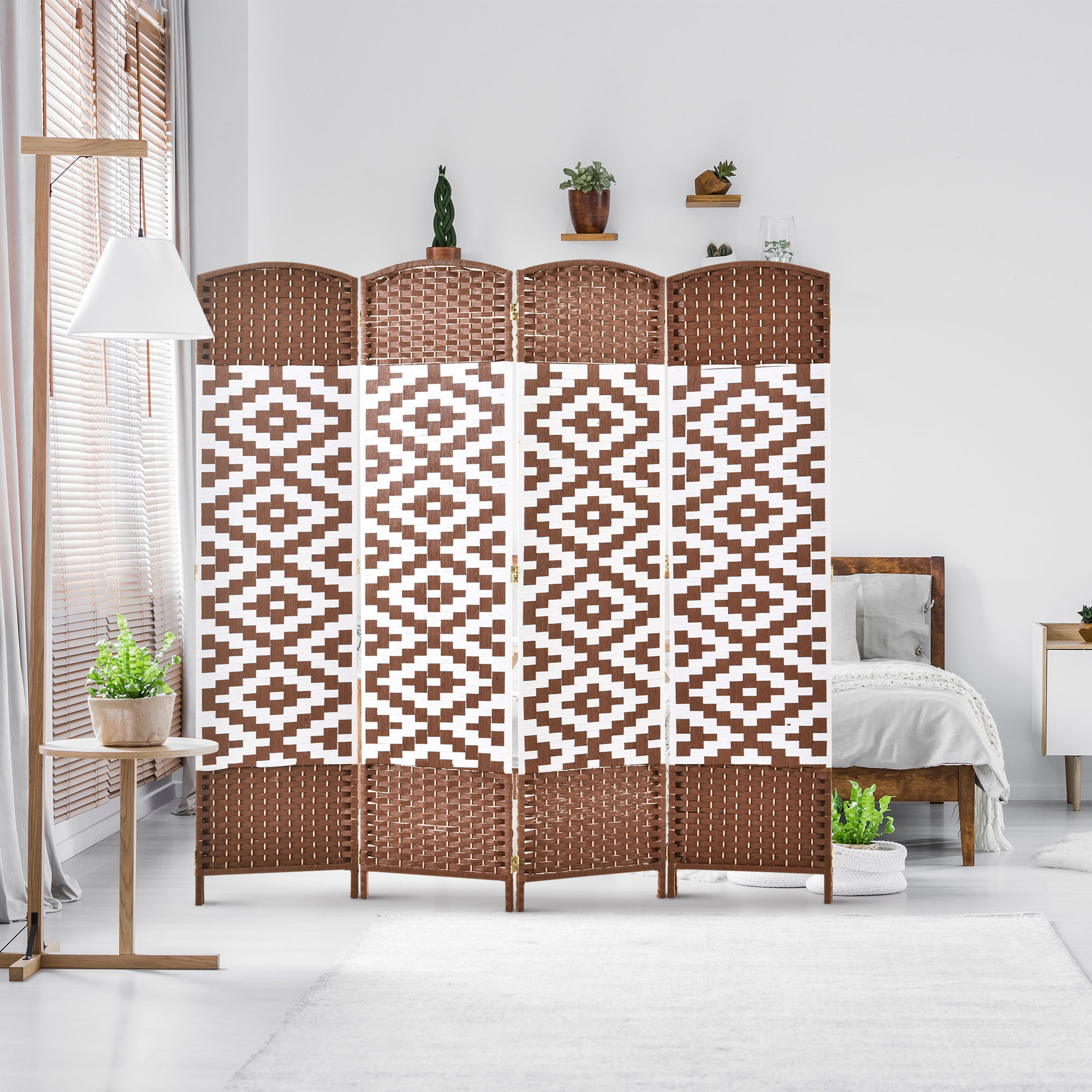 Paravent 6 Panneaux HOMCOM - Séparateur De Pièce En Bois Et Bambou - Style Blanc Paille