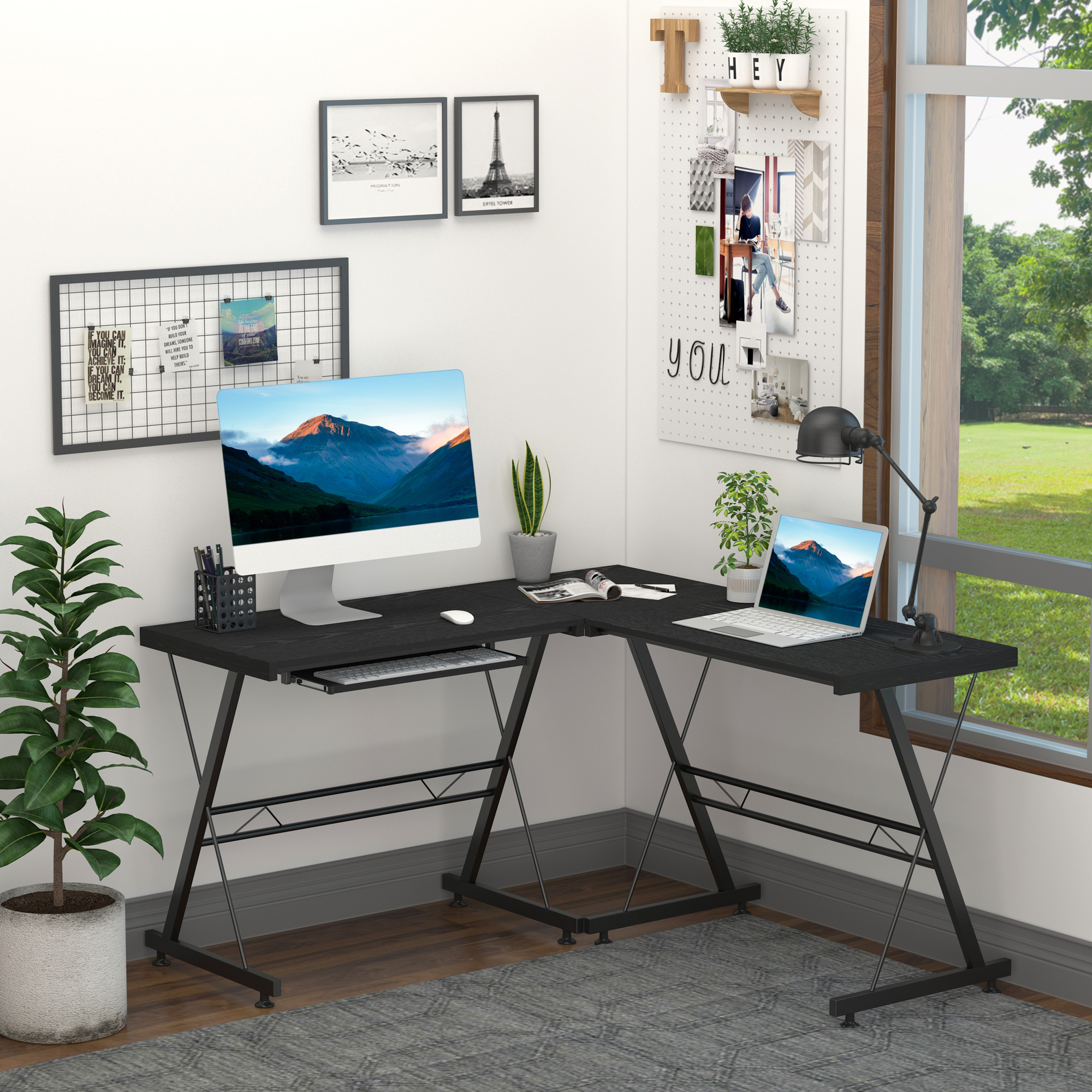 HOMCOM L Shape Office Gaming Desk, Straight Corner Table, Computer Work Station, Laminated, Sturdy, with Keyboard Tray, Black