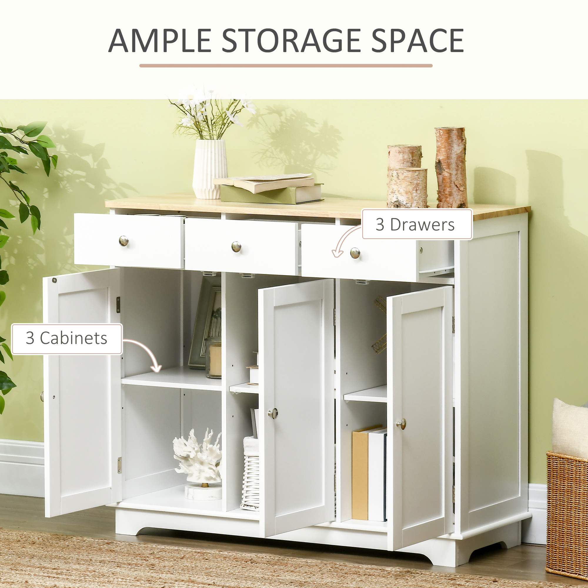 HOMCOM Modern Sideboard with Rubberwood Top, Buffet Cabinet with Storage Cabinets, Drawers and Adjustable Shelves for Living Room, Kitchen, White