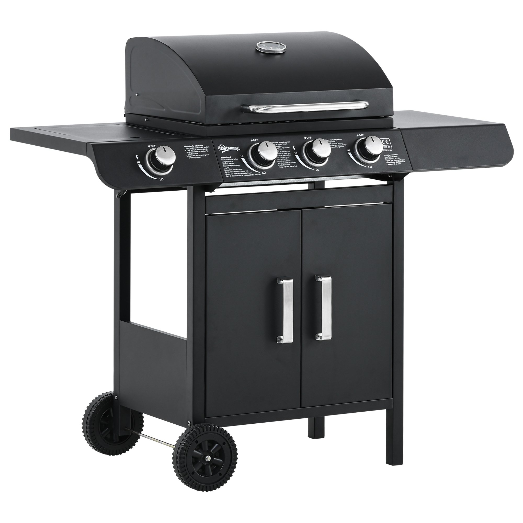 Outsunny Barbecue a Gas con Coperchio, 4 Bruciatori da 11.6kW, Fornello, Mensola e 2 Ruote, 110x50x100cm Nero