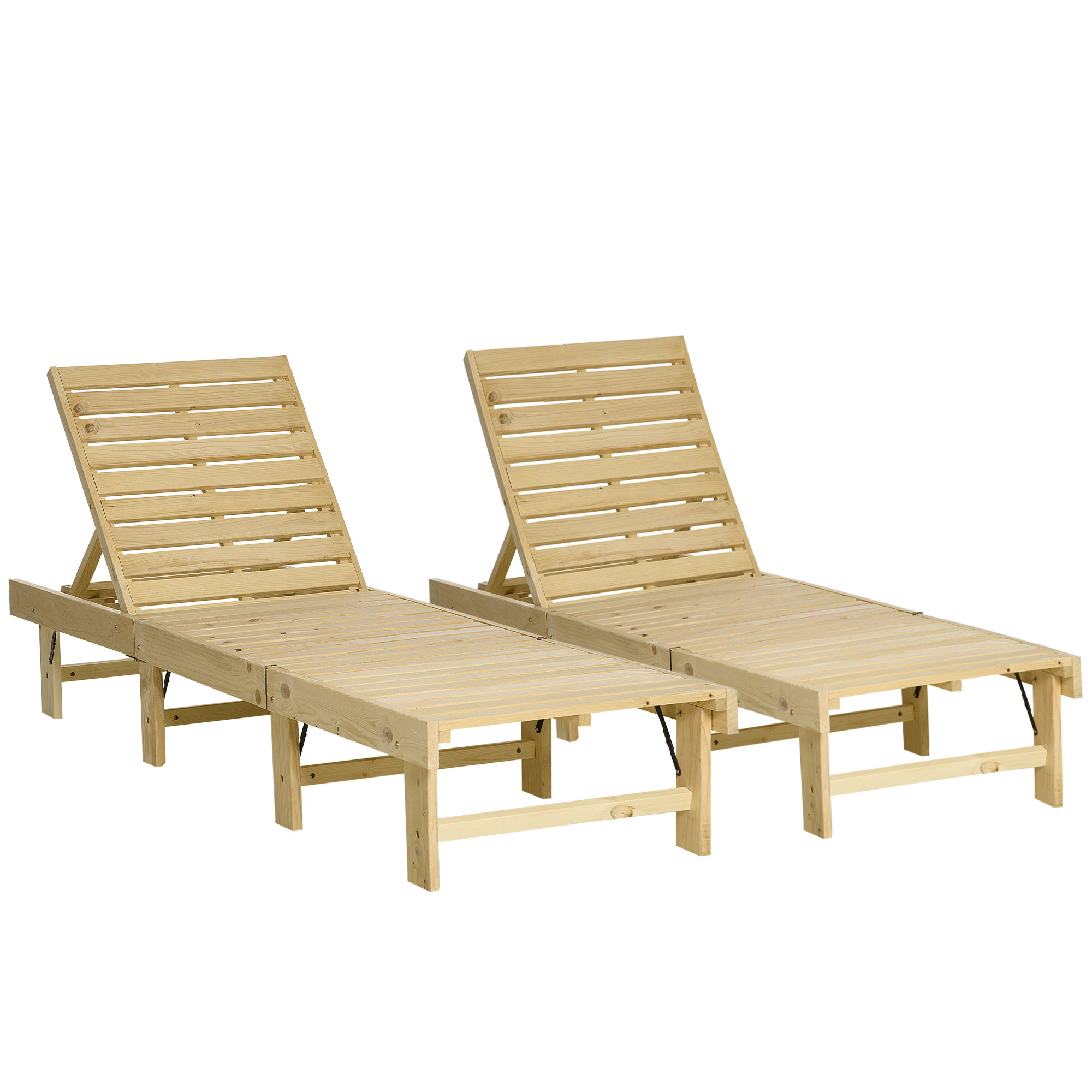 Outsunny Set di 2 Lettini Prendisole da Giardino in Legno Naturale Pieghevoli con Schienale Regolabile, 195x59x30cm