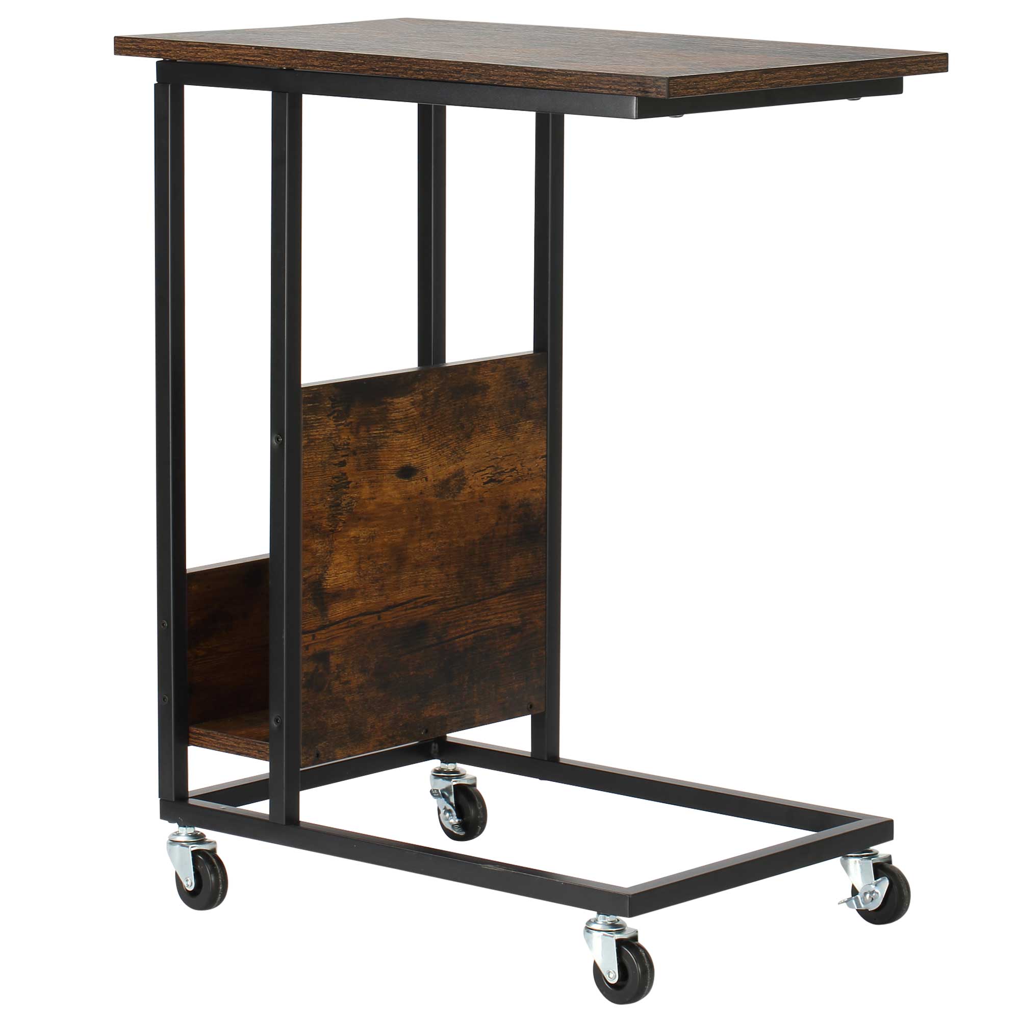 HOMCOM Tavolino da Salotto e Comodino Design a C con Ripiano Laterale e 4 Ruote in Metallo Nero e Marrone Rustico, 55x35x69cm