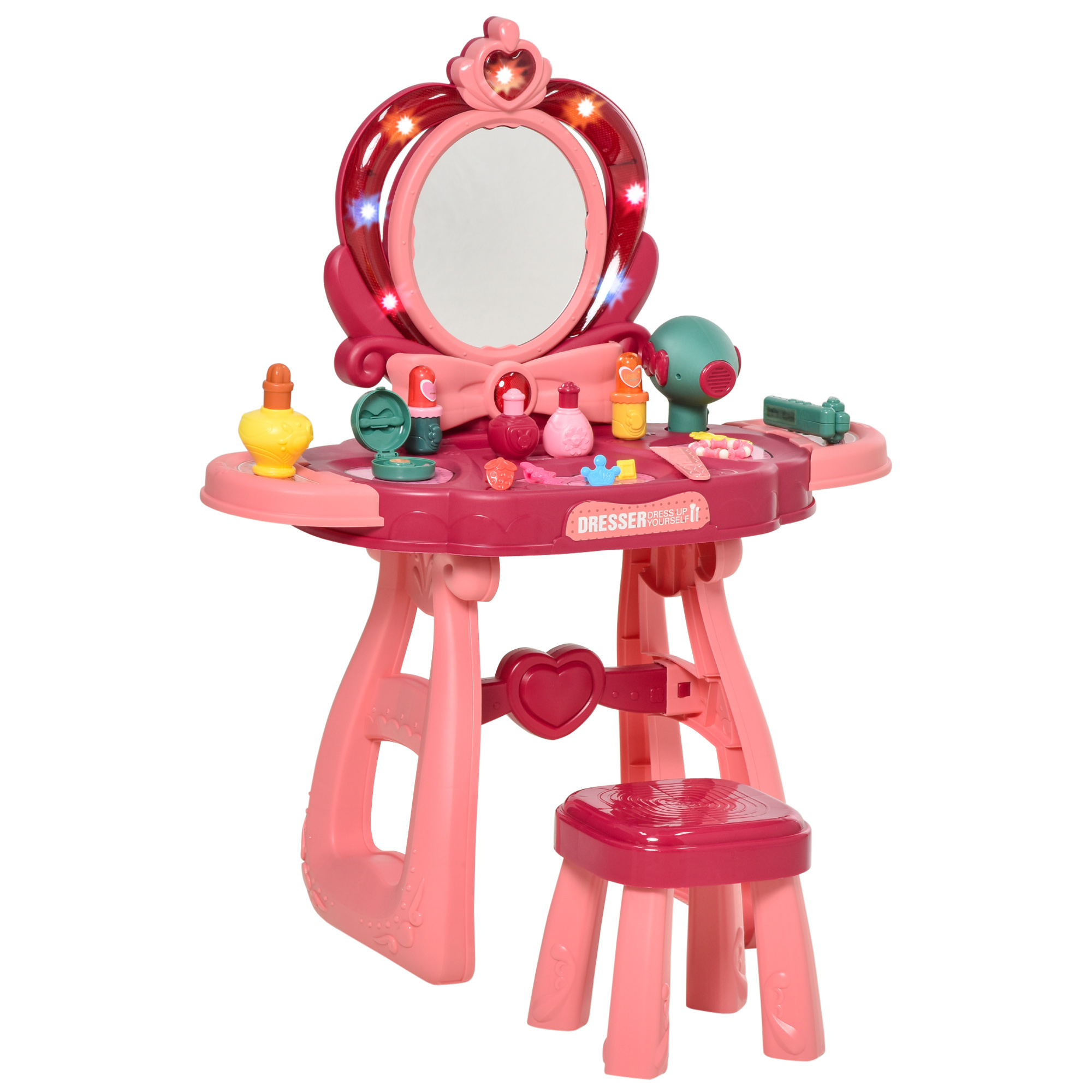 HOMCOM Toeletta Trucco con Sgabello e 36 Accessori per Bambini da 3 Anni, Specchio con Luci e Musiche Integrate, Rosa